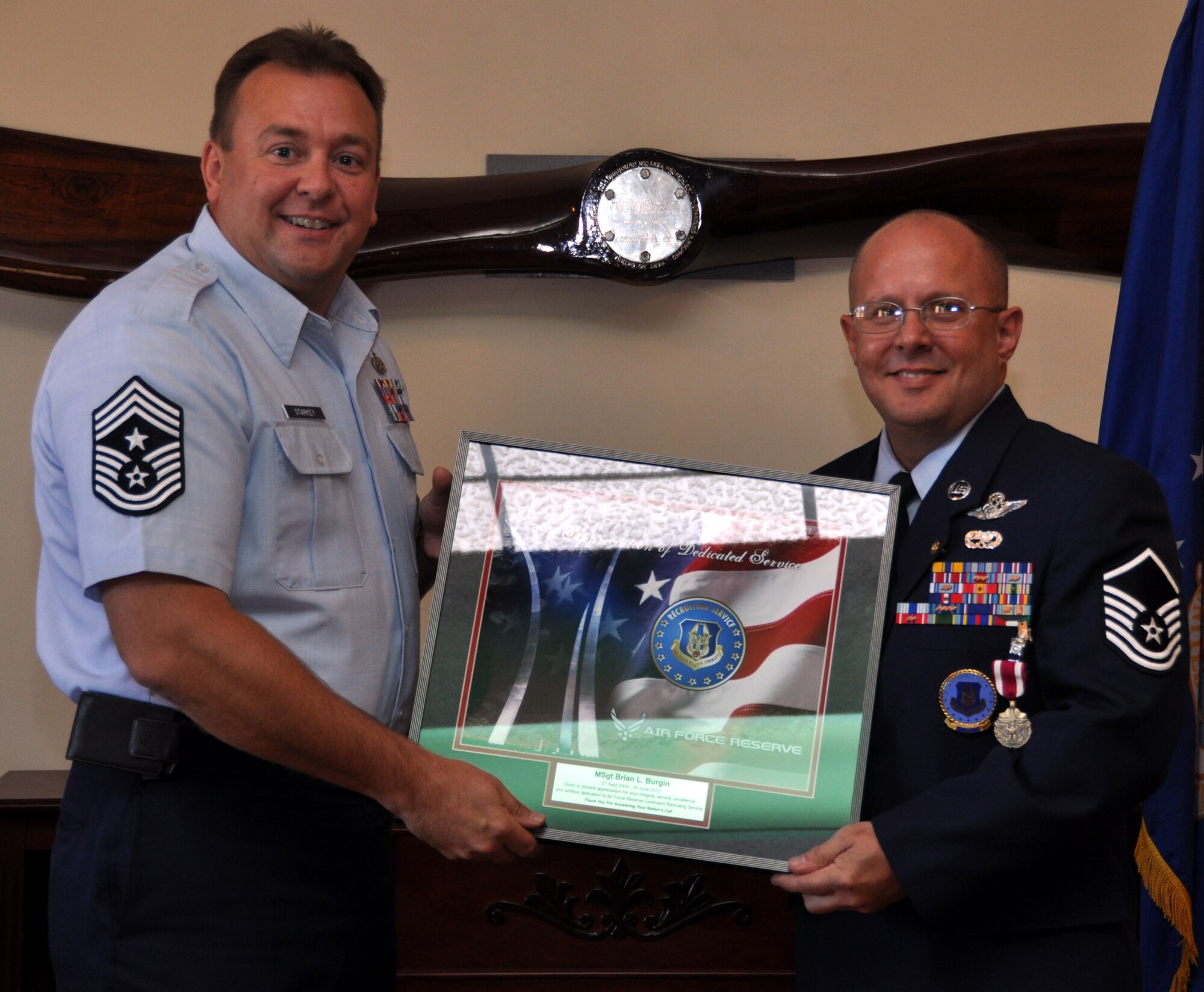 TRAVIS AIR FORCE BASE, Calif. -- Master Sgt. Brian Burgin, 349th AMW Recruiting Squadron, has his retirement  ceremony, here, June 24, 2012. (U.S. Air Force photo/Tech. Sgt. Rachel Martinez)
