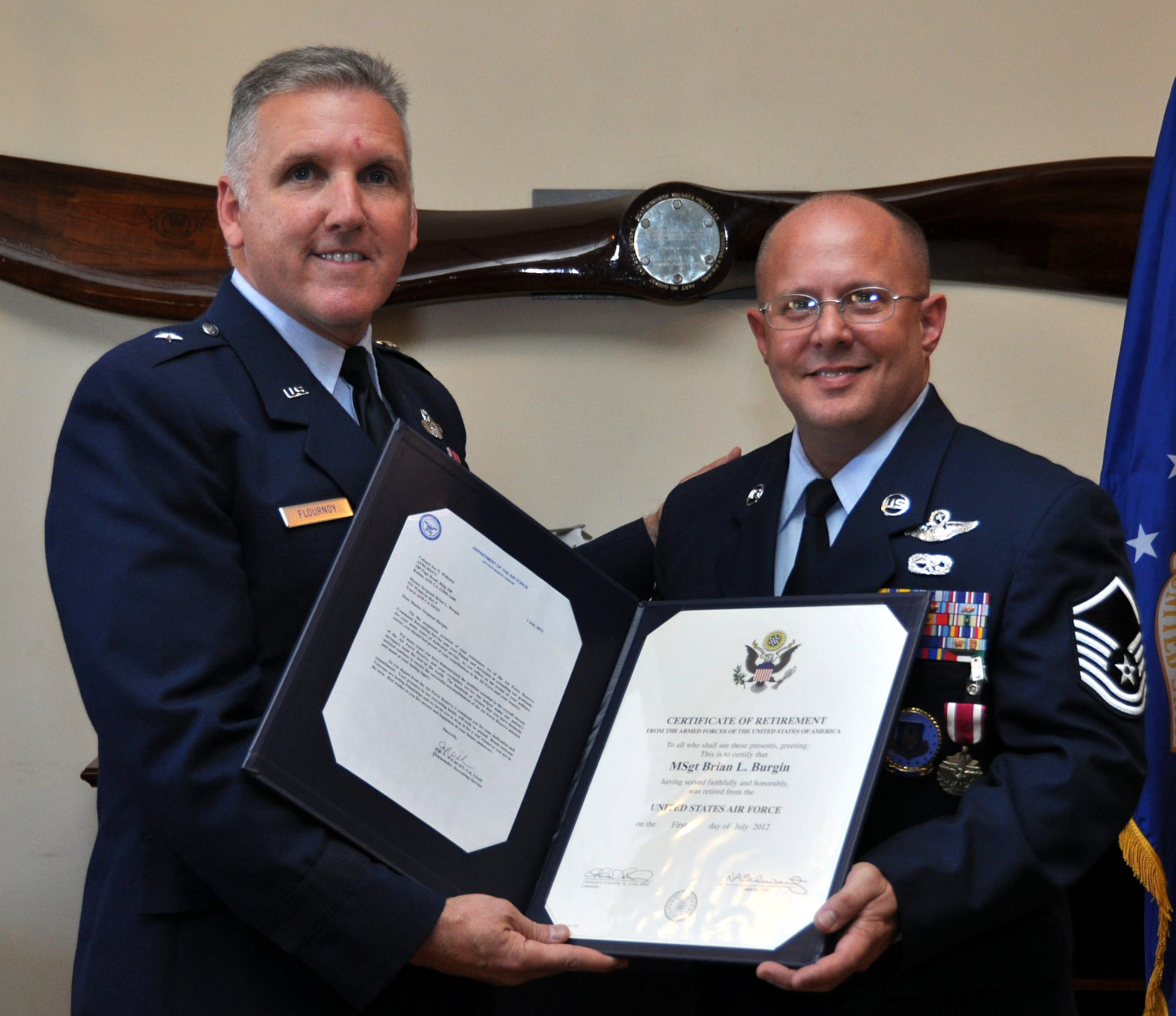 TRAVIS AIR FORCE BASE, Calif. -- Master Sgt. Brian Burgin, 349th AMW Recruiting Squadron, has his retirement  ceremony, here, June 24, 2012. (U.S. Air Force photo/Tech. Sgt. Rachel Martinez)