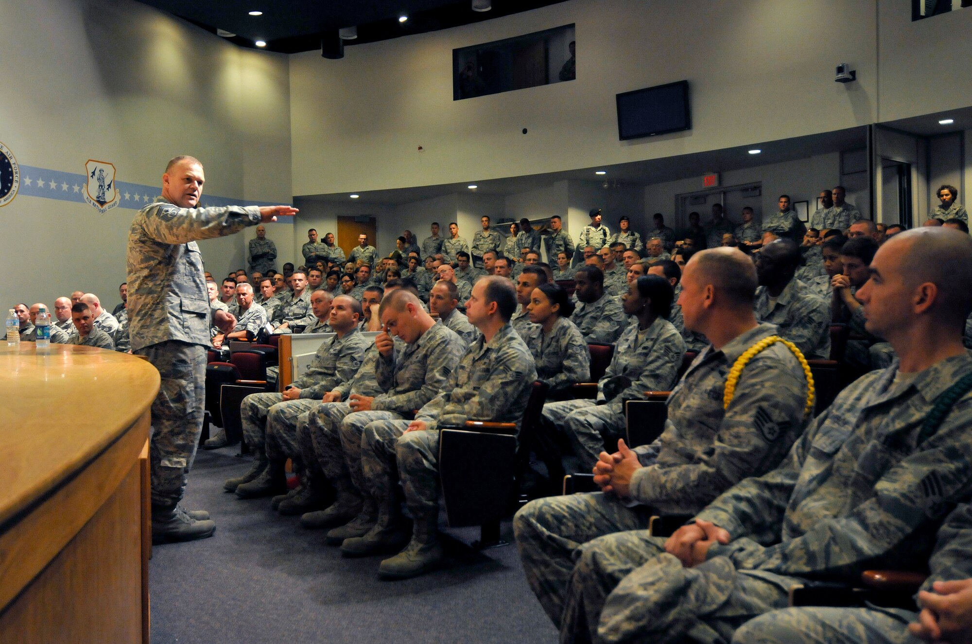 McGHEE TYSON AIR NATIONAL GUARD BASE, Tenn. - Chief Master Sergeant of the Air Force James A. Roy addresses base airmen at Spruance Hall on the campus of the I.G. Brown Training and Education Center here, July 17, 2012. During his visit, Chief Roy toured facilities, met with enlisted personnel and received briefings from numerous tenant units. (National Guard photo by Master Sgt. Kurt Skoglund/Released)