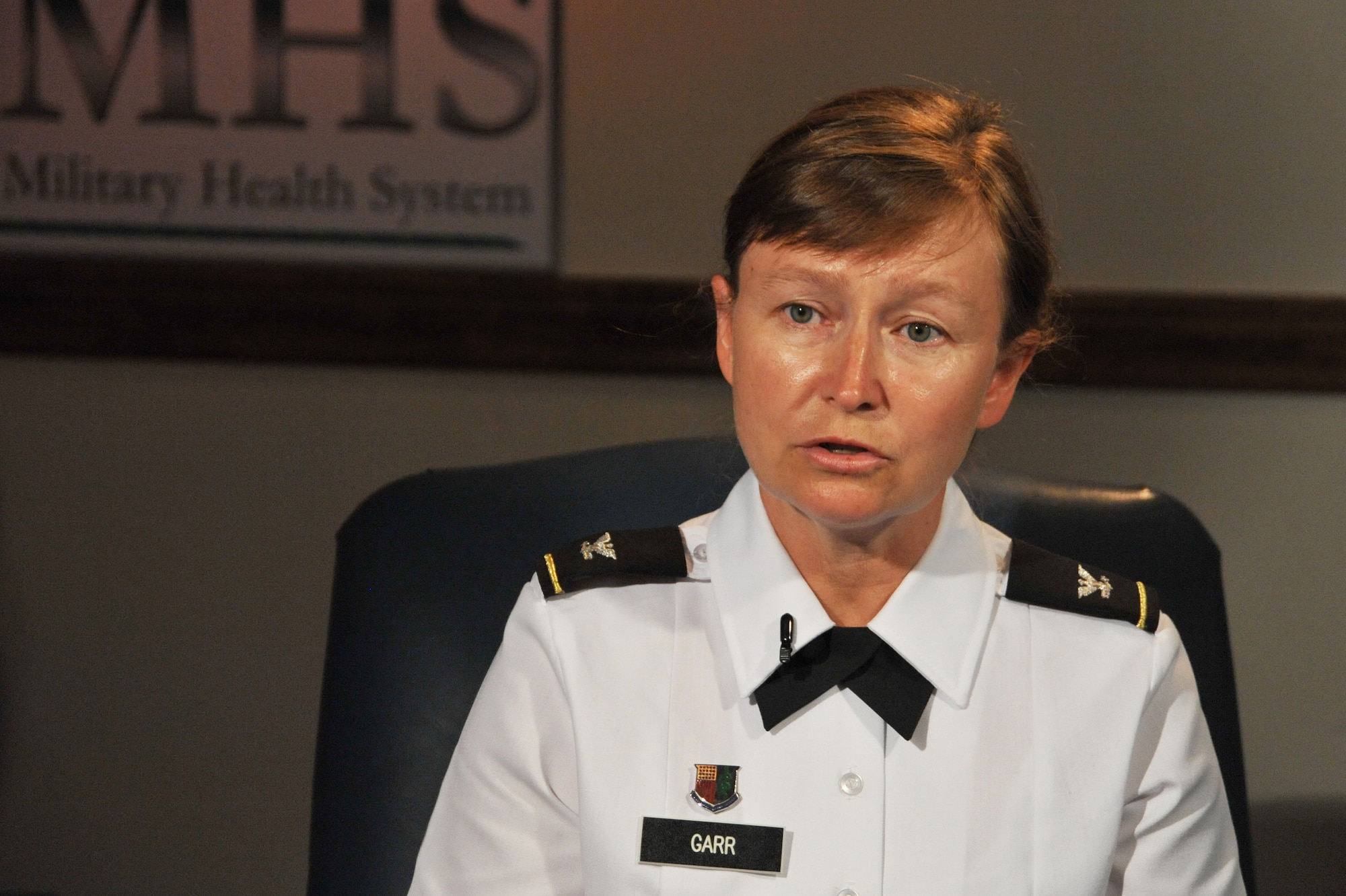 Army Col. Mary Garr explains the process of achieving the San Antonio Military Health System as being a benchmark DOD success story during an interview at Wilford Hall Ambulatory Surgical Center, San Antonio, Texas, July 9, 2012. (U.S. Air Force photo/Desiree N. Palacios)