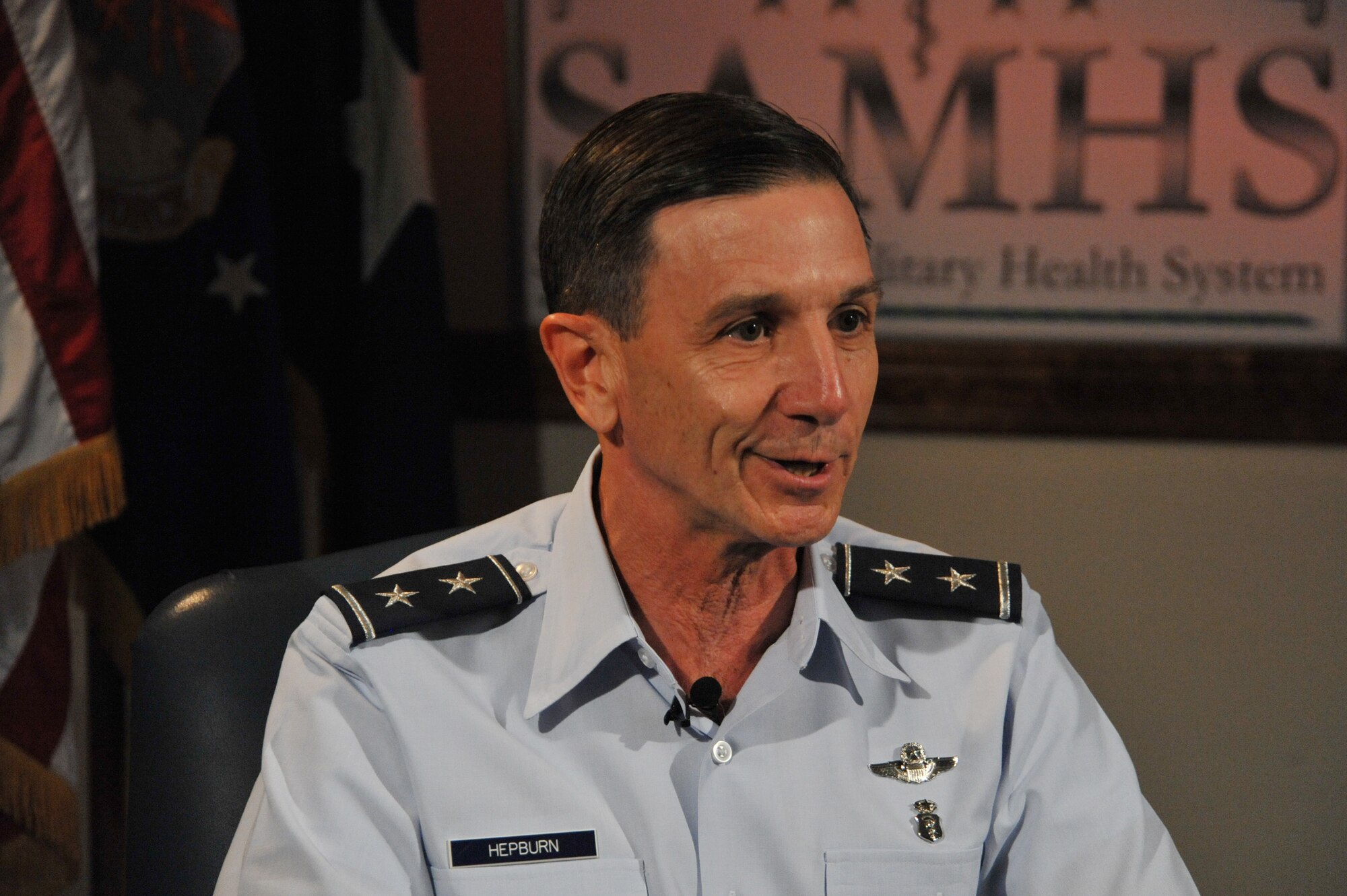 Maj. Gen. Byron Hepburn explains the San Antonio Military Health System as being a benchmark DOD success story during an interview at Wilford Hall Ambulatory Surgical Center, San Antonio, Texas, July 9, 2012. (U.S. Air Force photo/Desiree N. Palacios)