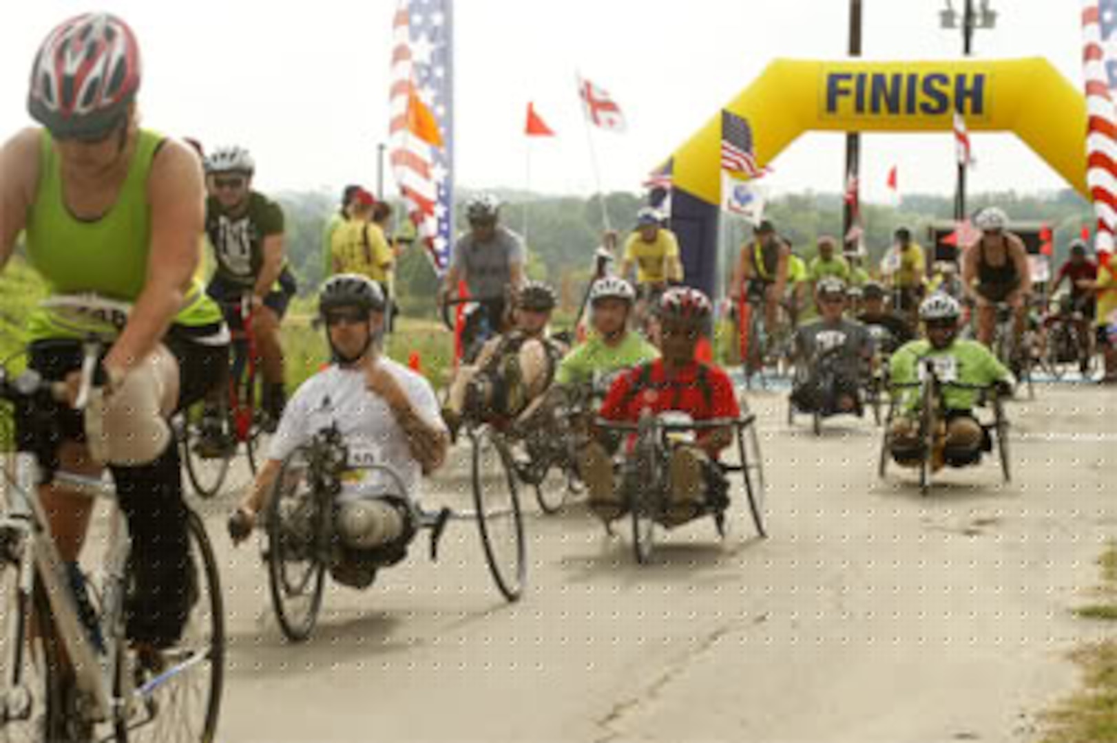 More than 85 wounded warriors participated in non-competitive sports, consisting of a 500-meter swim, 10-mile bicycle ride and a 2-mile run at the Mini-Try held at Joint Base San Antonio Fort Sam Houston May 18.  (Photo by Jen Rodriguez)

