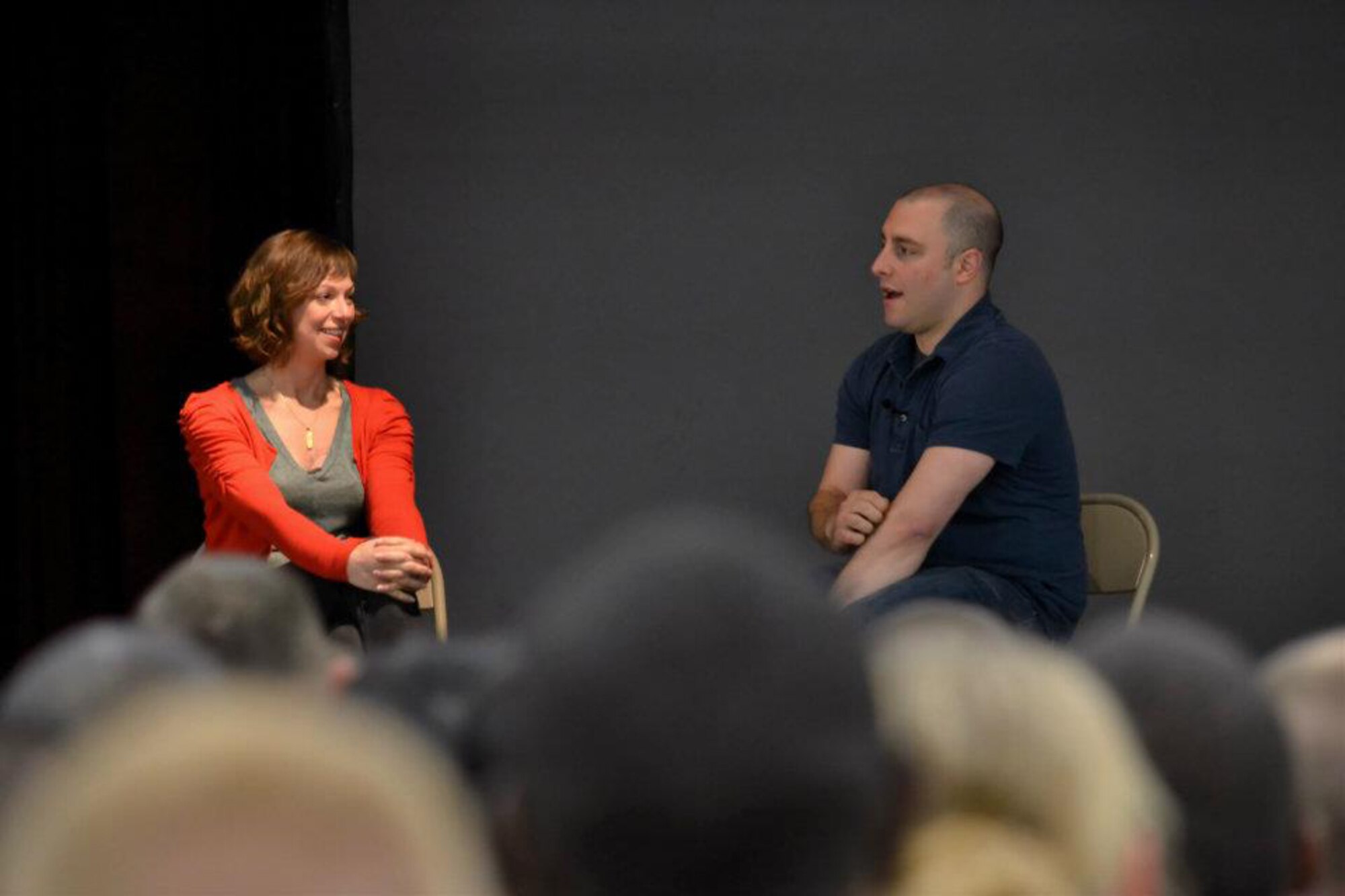 Actors Amber Kelly and George Zerante act out skits concerning dating, rape, consent and other associate topics such as body language, alcohol and intervention during a ninety minute briefing entitled, “Sex Signals.” This briefing is one of the many programs offered through the Sheppard SARC Office. (U.S. Air Force/Courtesy Photo)