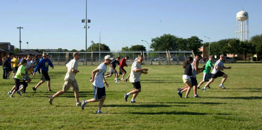 Teams take off after receiving their first clue in Sheppard’s “Race 2 Awareness” run on April 21. This was an 'Amazing Race' type event where teams of two ran to different agencies on base to get clues that would lead them to their next obstacle. The SARC Office participated as one of the sponsors of the race. (U.S. Air Force/Courtesy Photo)