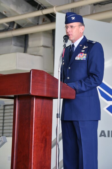 Col. Donald R. Lindberg, Commander, 482nd Fighter Wing, addresses Col. Kevin Fessler, incoming commander of the 414 Fighter Group at the Change of Command Ceremony July 12.  Fesler comes to the 414th FG from Langley Air Force Base, Va., where he was the Air Force Reserve Advisor, Headquarters Air Combat Command, Director of Requirements. (U.S. Air Force photo/Senior Airman Jacob Jimenez, 482nd Fighter Wing Public Affairs)