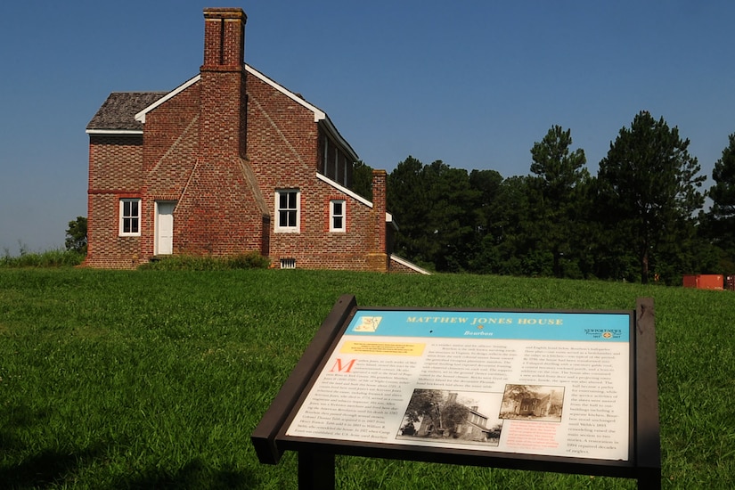 The Matthew Jones House sits atop of a hill off Harrison Road at Fort Eustis, Va., July 17, 2012. Matthew Jones, a Virginia planter thought to be the original owner, is said to have built the structure as early as 1700. Through the years, the house was occupied by various families and U.S. Army personnel before becoming home to the Fort Eustis Archaeological Program. (U.S. Air Force photo by Staff Sgt. Ashley Hawkins/Released)