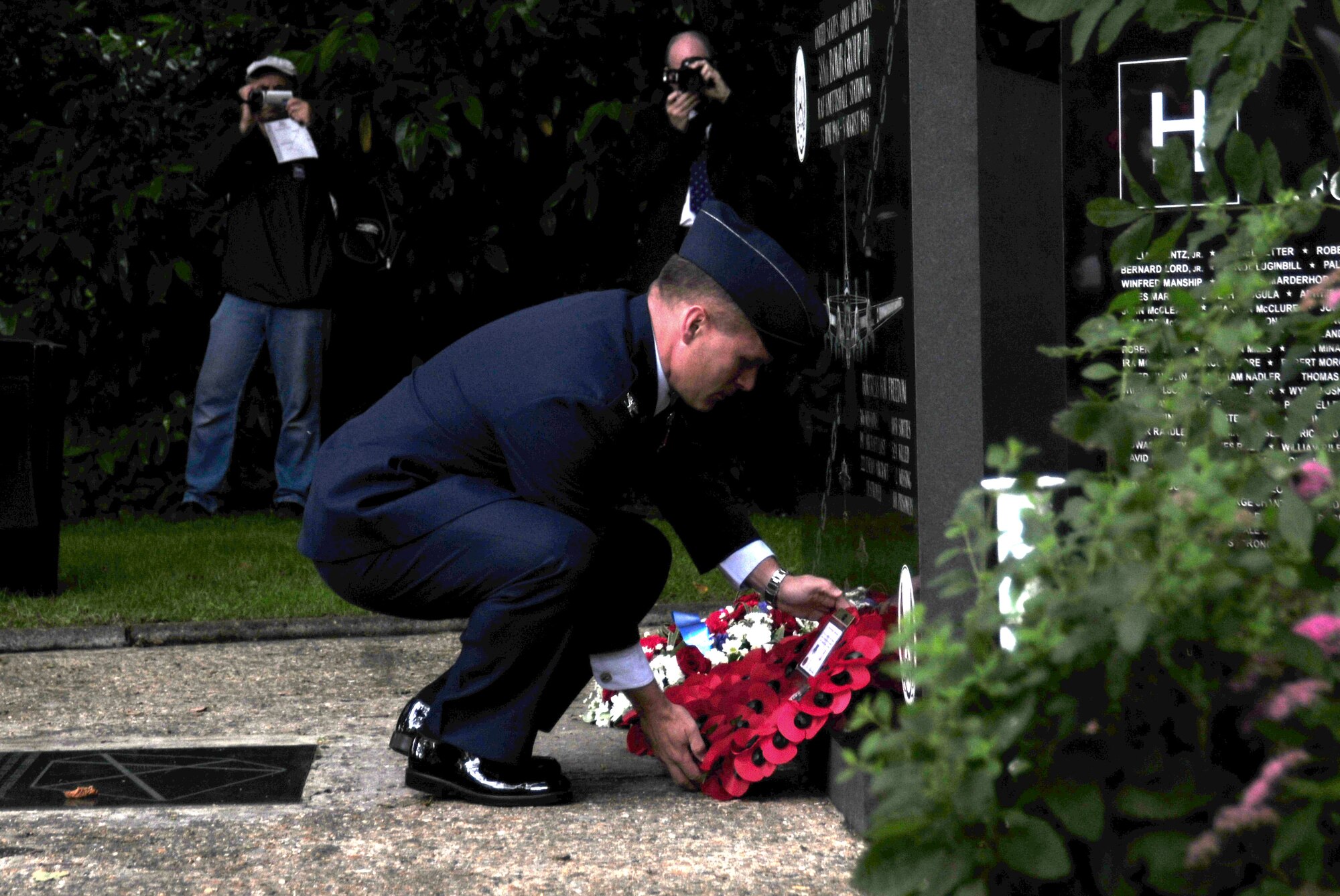 CONEY WESTON, England -- Col. Mark Ciero, 48th Fighter Wing vice commander, lays a wreath at the 388th Bombardment Group memorial re-dedication at Coney Weston July 14, 2012. The memorial is dedicated to the Airmen who lost their lives while serving in the 388th BG at Knettishall Airfield. The day also marked the 70th anniversary of the first arrival of the Army Air Forces Airmen based in Eastern England. (U.S. Air Force Photo by Staff Sgt. Megan P. Lyon)