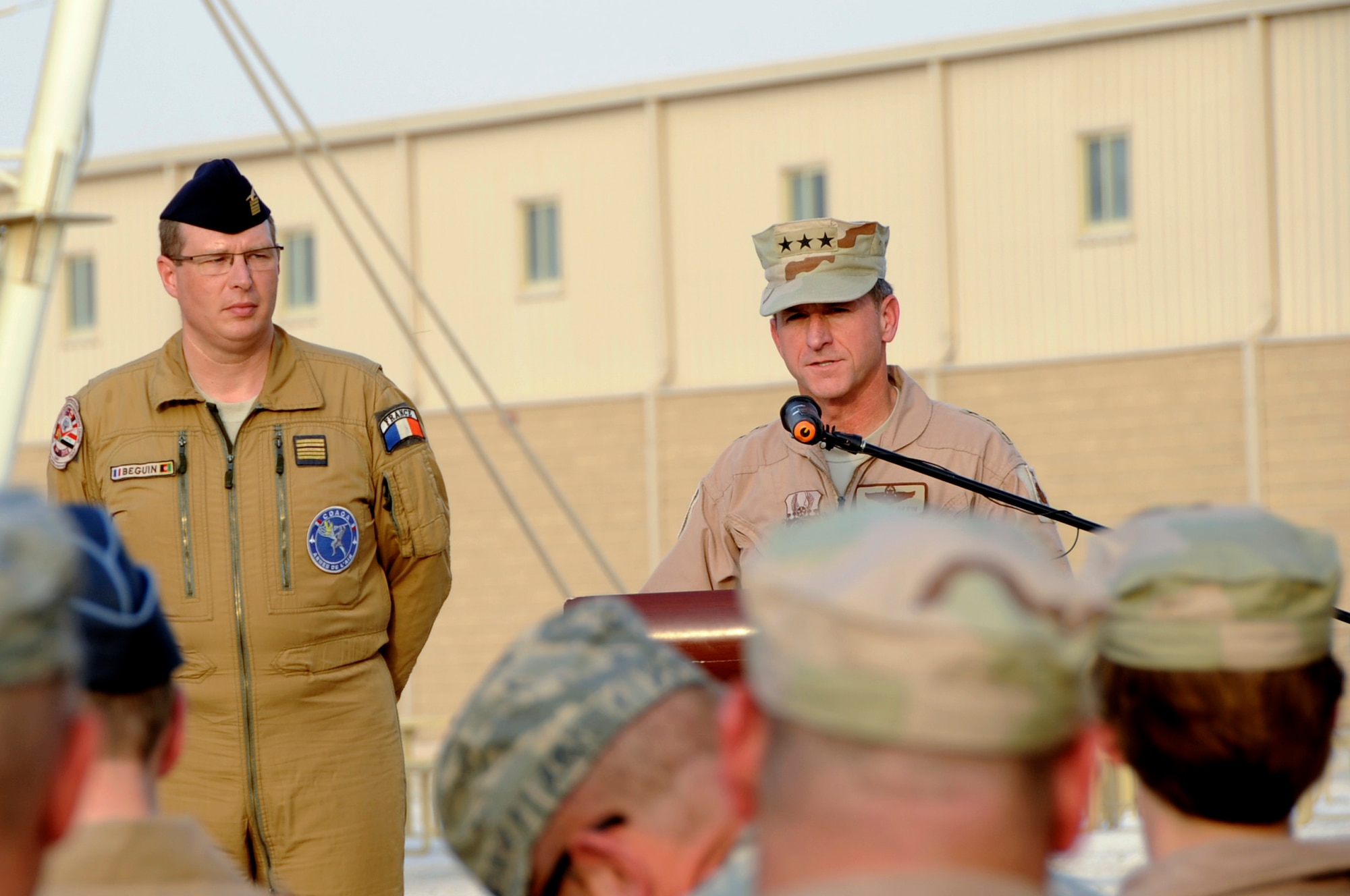 U.S. Air Force Lt. Gen. David Goldfein, U.S. Forces Central commander, spoke to the audience during the French National day in Southwest Asia, July 14, 2012. The French National day was established by law in 1880 when the royal jail ?La Bastille? was captured. Commanders from six allied nations attended the ceremony in support of the event.  (U.S. Air Force photo/Staff Sgt. Sheila deVera)