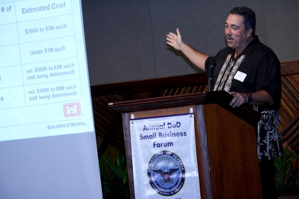 Honolulu District Deputy District Engineer for Programs and Project Management Tony Paresa discusses contracting opportunities with the Corps during the 10th Annual DoD Hawai'i Small Business Forum held at the Honolulu Country Club on Thursday, July 12, 2012.