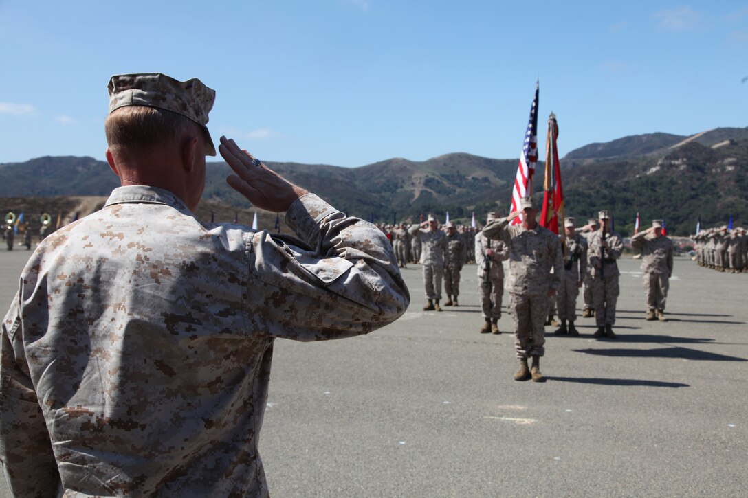 Camp Pendleton, Calif., - Staff Sgt. Paul Worley, infantry platoon sergeant with Kilo Company, 3rd Battalion, 1st Marines, 1st Marine Division, I Marine Expeditionary Force salutes Maj. Gen. Melvin Spiese, deputy commanding general, I Marine Expeditionary Force, during a Silver Star Medal award ceremony at Camp Pendleton, Calif., July17. The Silver Star Medal is the third highest award a service member can receive given to those who display courage, valor and perseverance in the face of the enemy. (U.S. Marine Corps photo by Pfc. Demetrius Morgan)