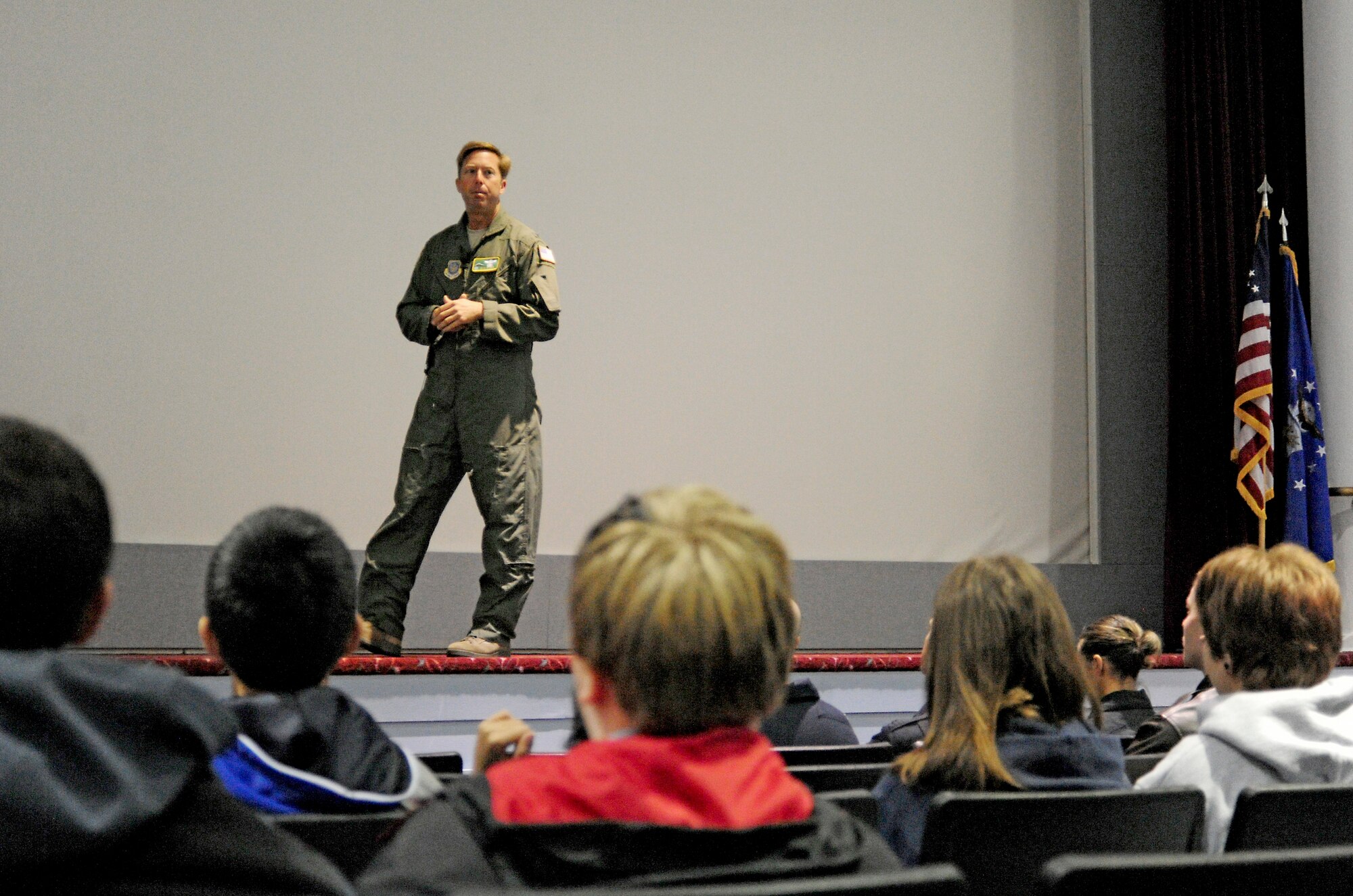 Col. Wyn Elder, 62nd Airlift Wing commander, welcomes a group of junior ROTC and Civil Air Patrol cadets to kick off a meet and greet with members of the U.S. Air Force Thunderbirds, U.S. Army Golden Knights and Air Combat Command Viper West Demonstration Team July 20, 2012, at Joint Base Lewis-McChord, Wash. The cadets had an opportunity to meet with the teams who will be performing in the 2012 Joint Base Lewis-McChord Air Expo. (U.S. Air Force photo/Adamarie Lewis-Page)
