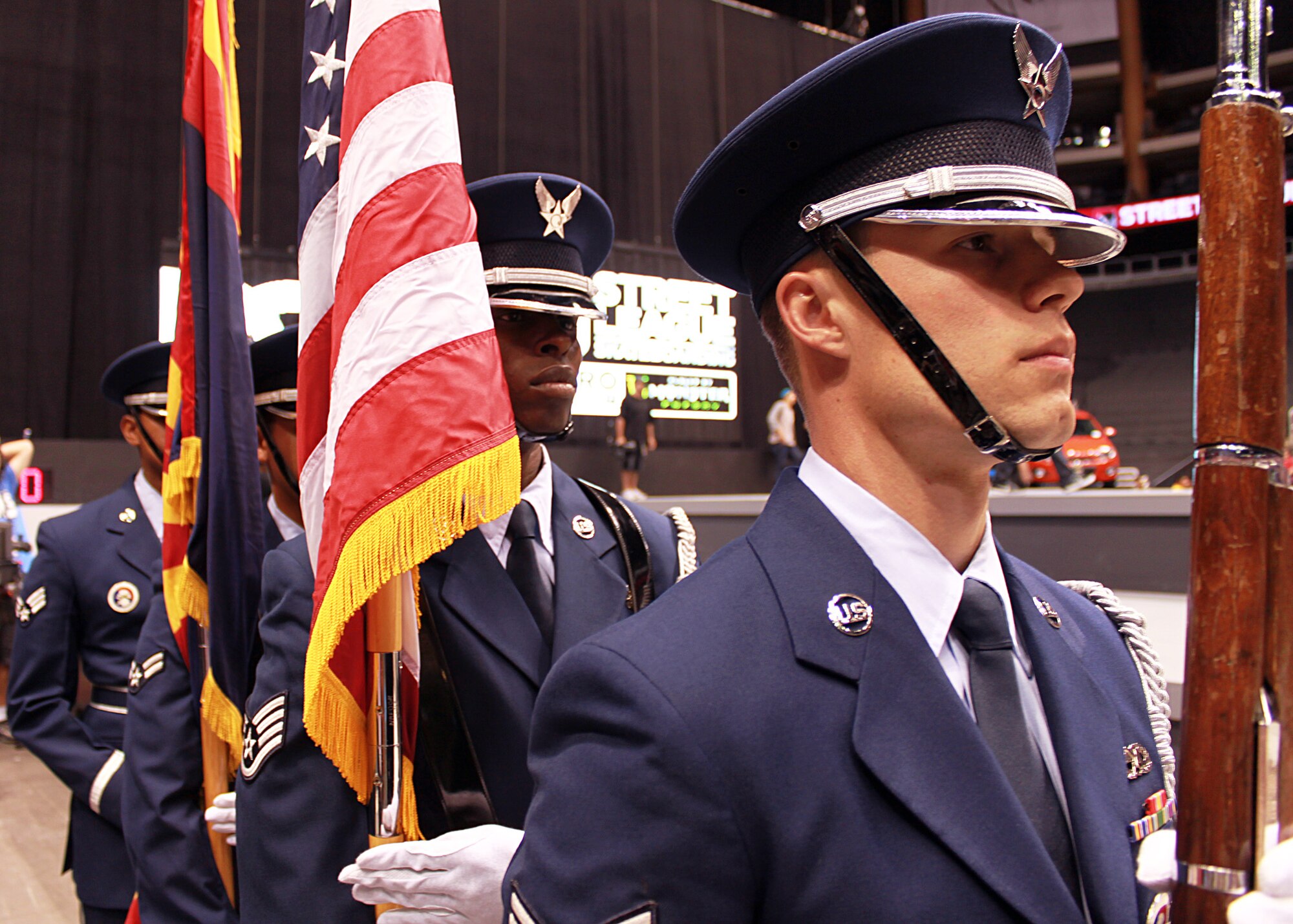 Members of the Luke Air Force Base Honor Guard at the ready, preparing to present the colors July 14. (U.S. Air Force Photo by Tech. Sgt. Meredith Mingledorff) 