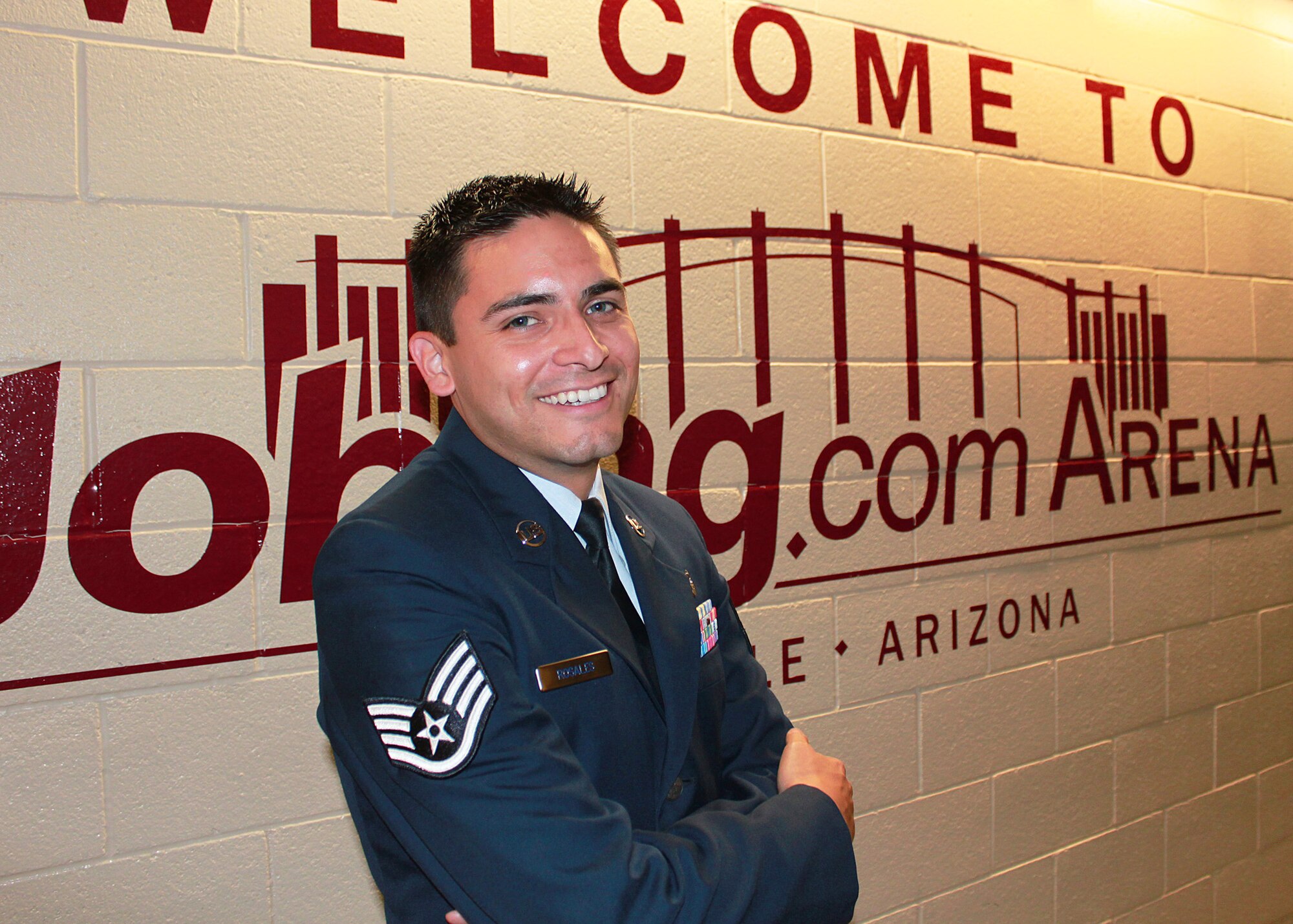 Staff Sgt. Rickie Rosales, 944th Fighter Wing, backstage at Jobing.com Arena, Glendale, Ariz. (U.S. Air Force Photo by Tech. Sgt. Meredith Mingledorff) 