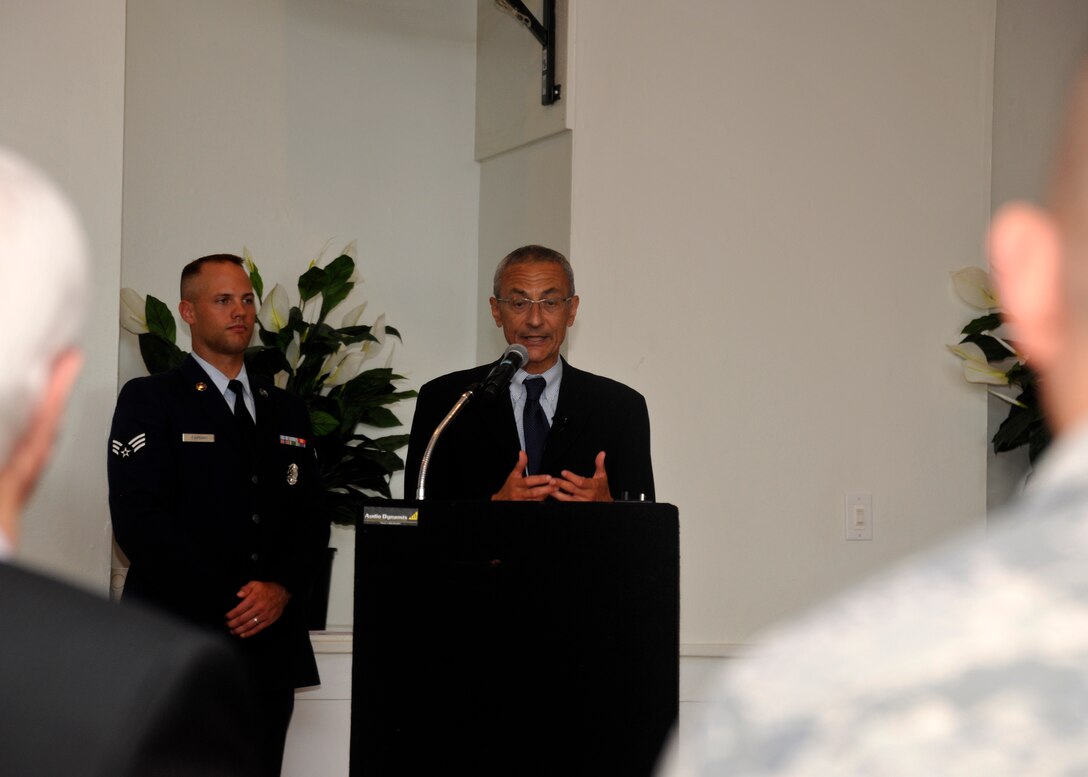 John Podesta, former White House Chief of Staff to President Clinton and President Obama's transition co-chair, speaks to Andrews members in the Community Activity Center during a July 20 Andrews Leadership Series event. Podesta is the current Chair and Counselor of the Center for American Progress. (U.S. Air Force photo/Senior Airman Lindsey A. Porter)
