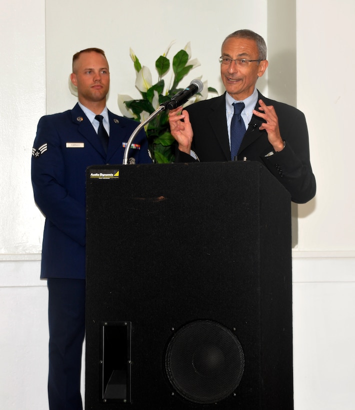 John Podesta, Chair and Counselor of the Center for American Progress and former White House Chief of Staff to President Clinton, speaks to Andrews members during a July 20 Andrews Leadership Series event. During his speech, Podesta highlighted his reliance on faith and family, noting how each helped him balance his time and career progression within the White House. (U.S. Air Force photo/Senior Airman Lindsey A. Porter)