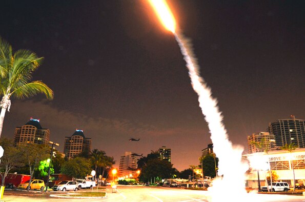 RANS members launch a GTR-18 Smokey SAM in downtown Miami as part of multi-agency training exercise recently.The Idaho-based squadron has deployed active-duty Airmen to several locations around the country this year, bringing unique threat simulation capabilities with them. Photo courtesy of 266th Range Squadron, Idaho Air National Guard