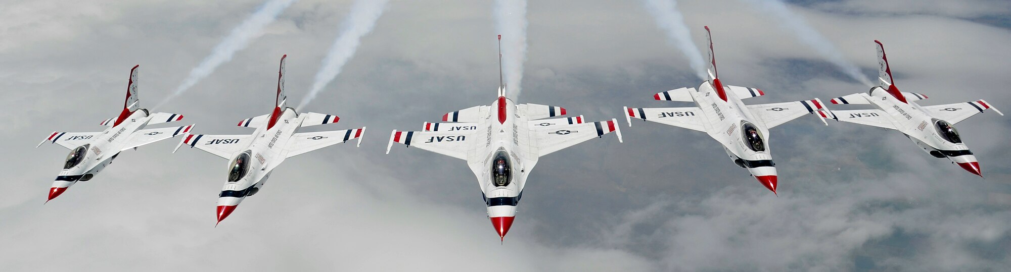F-16 Fighting Falcons with the U.S. Air Force Aerial Demonstration Squadron Thunderbirds perform a 6-ship formation after refueling from a KC-135 Stratotanker from Fairchild Air Force Base, Wash., July 19, 2012. The Thunderbirds are making their way to the Joint Base Lewis-McChord Air Expo at McChord Field, July 21 to 22. (U.S. Air Force photo by Airman 1st Class Ryan Zeski)