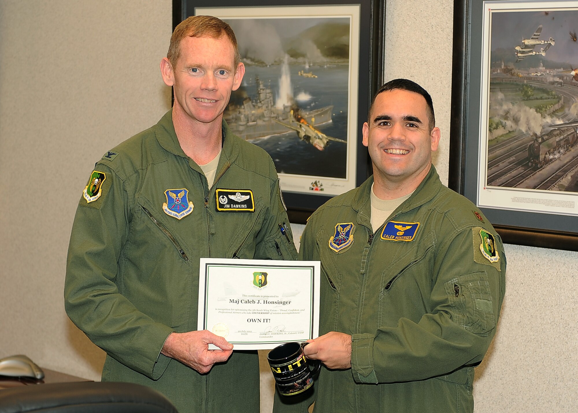 Major Caleb Honsinger, 5th Operations Support Squadron, has exemplified the 5th Bomb Wing Commander’s vision of mission ownership. Honsinger was awarded the “Own It Award” for his work with the Weapon System Evaluation Program and the Stratcom Exercise. Honsinger covered critical responsibilities essential to the Air Force’s strategic deterrence mission. These responsibilities included planning the execution of four Air Launched Cruise Missiles (ALCMs) and three AGM-86B test launches. The WSEP evaluates weapon system reliability and is cornerstone to ALCM sustainment and our country's strategic deterrence. The STRATEX evaluates Command and Control systems for the President of the United States. By stepping up and “owning” these projects, Honsinger ensured the 5 BW was ready to execute its deterrence mission and contributed to a successful month for the Wing. 