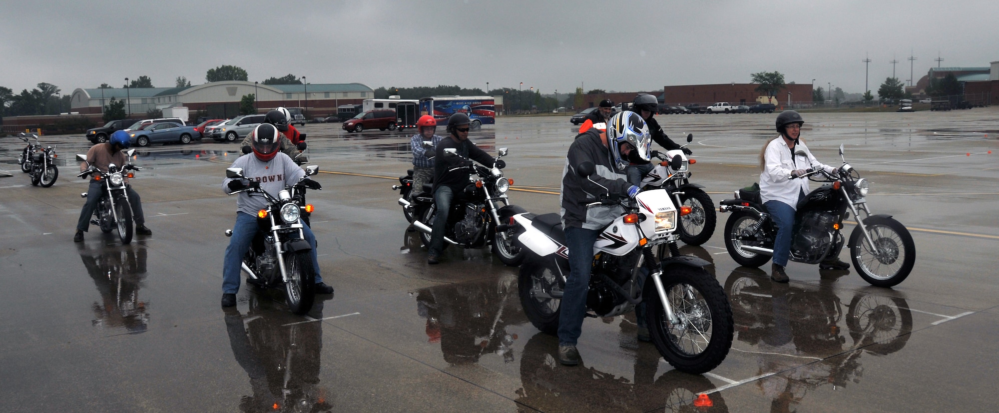 Nine motorcycle riders participate in a Motorcycle Ohio safety course at Springfield Air National Guard Base, Ohio, for military members and retirees July 20 to enhance motorcycle skills, safety and awareness. The class titled Basic Rider Course is ran by the Ohio Department of Public Safety and teaches fundamental skills ranging from basic familiarization to hazard avoidance while riding a motorcycle. (U.S. Air Force photo by 2nd Lt. Michael Gibson)
