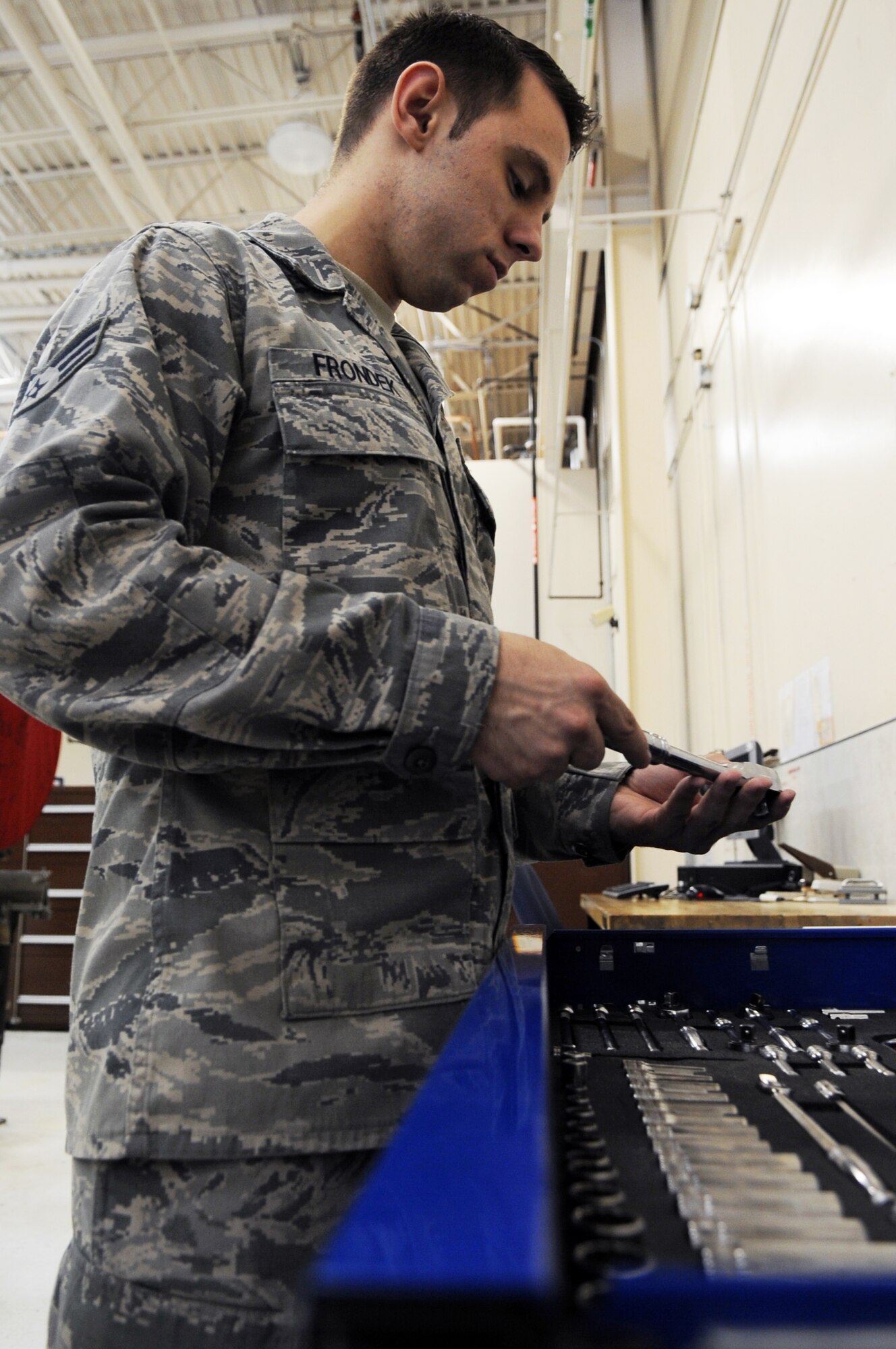 U.S. Air Force Senior Airman George Frondek, 354th Maintenance Squadron aerospace propulsion technician, performs a tool inspection July 18, 2012, Eielson Air Force Base, Alaska. Maintainers must ensure all the tools are in the correct spot and serviceable. (U.S. Air Force photo/Airman 1st Class Lauren-Taylor Garcia)