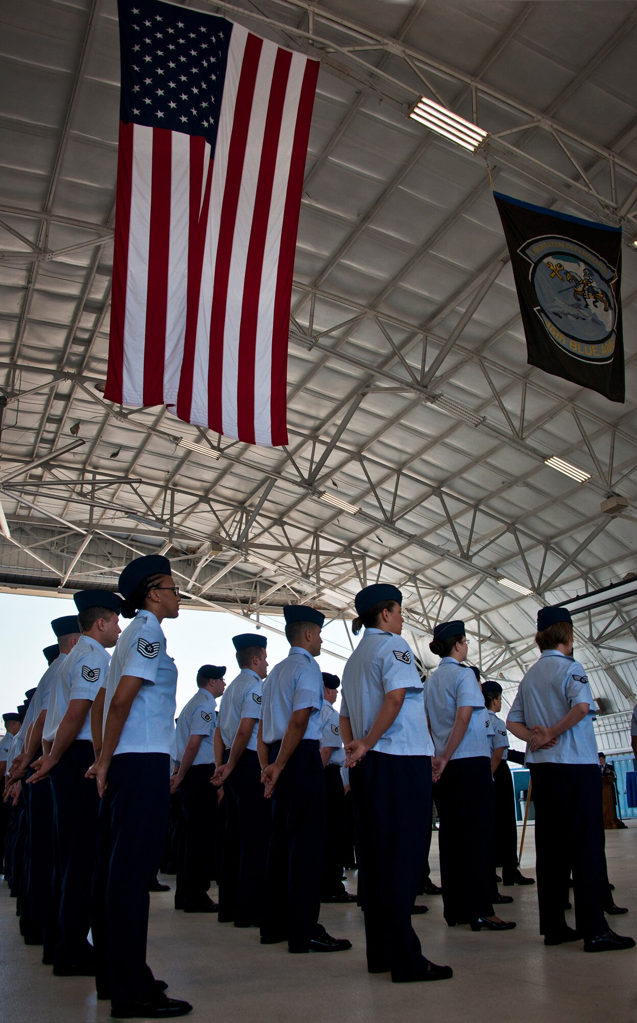 Members of the 96th Air Base Wing stand in formation prior to the base’s transition ceremony July 18 at Eglin Air Force Base, Fla. The official activation of the 96th Test Wing combined the 96th Air Base Wing and 46th Test Wing. (U.S. Air Force photo/Samuel King Jr.)