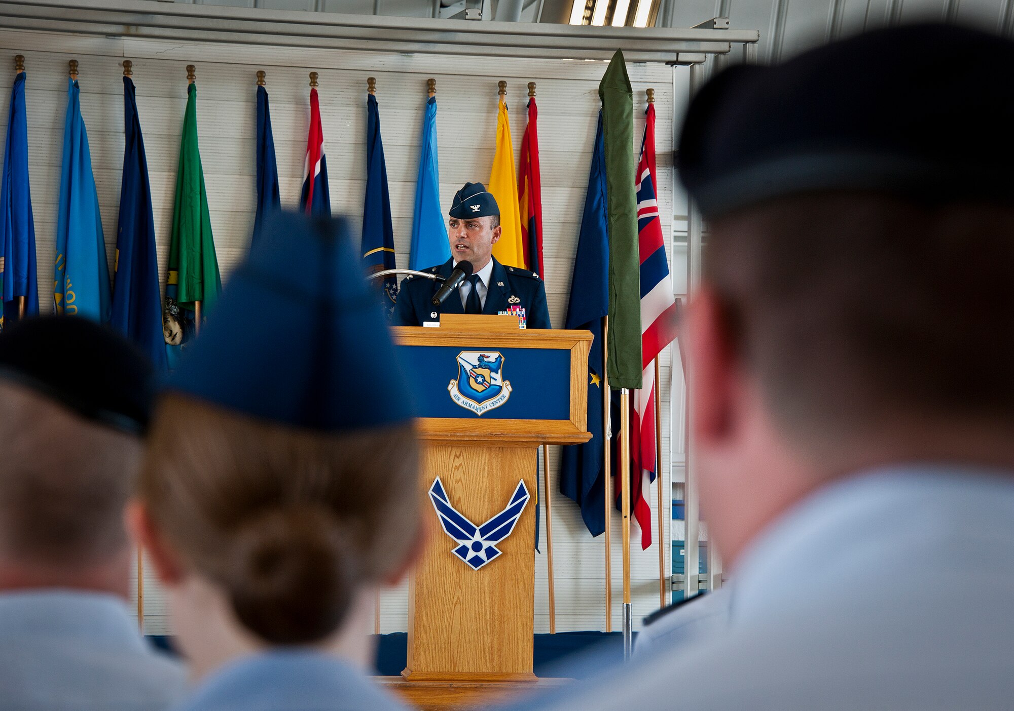 Col. Sal Nodjomian, the last 96th Air Base Wing commander, addresses his wing one last time at the base’s transition ceremony July 18 at Eglin Air Force Base, Fla. The official activation of the 96th Test Wing combined the 96th Air Base Wing and 46th Test Wing. (U.S. Air Force photo/Samuel King Jr.)