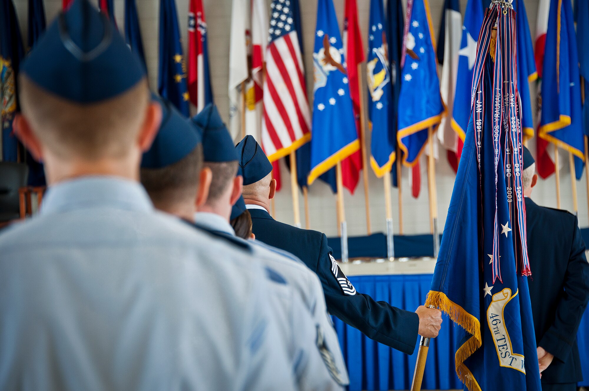 Members of the 46th Test Wing stand in formation prior to the base’s transition ceremony July 18 at Eglin Air Force Base, Fla. The official activation of the 96th Test Wing combined the 96th Air Base Wing and 46th Test Wing. (U.S. Air Force photo/Samuel King Jr.)