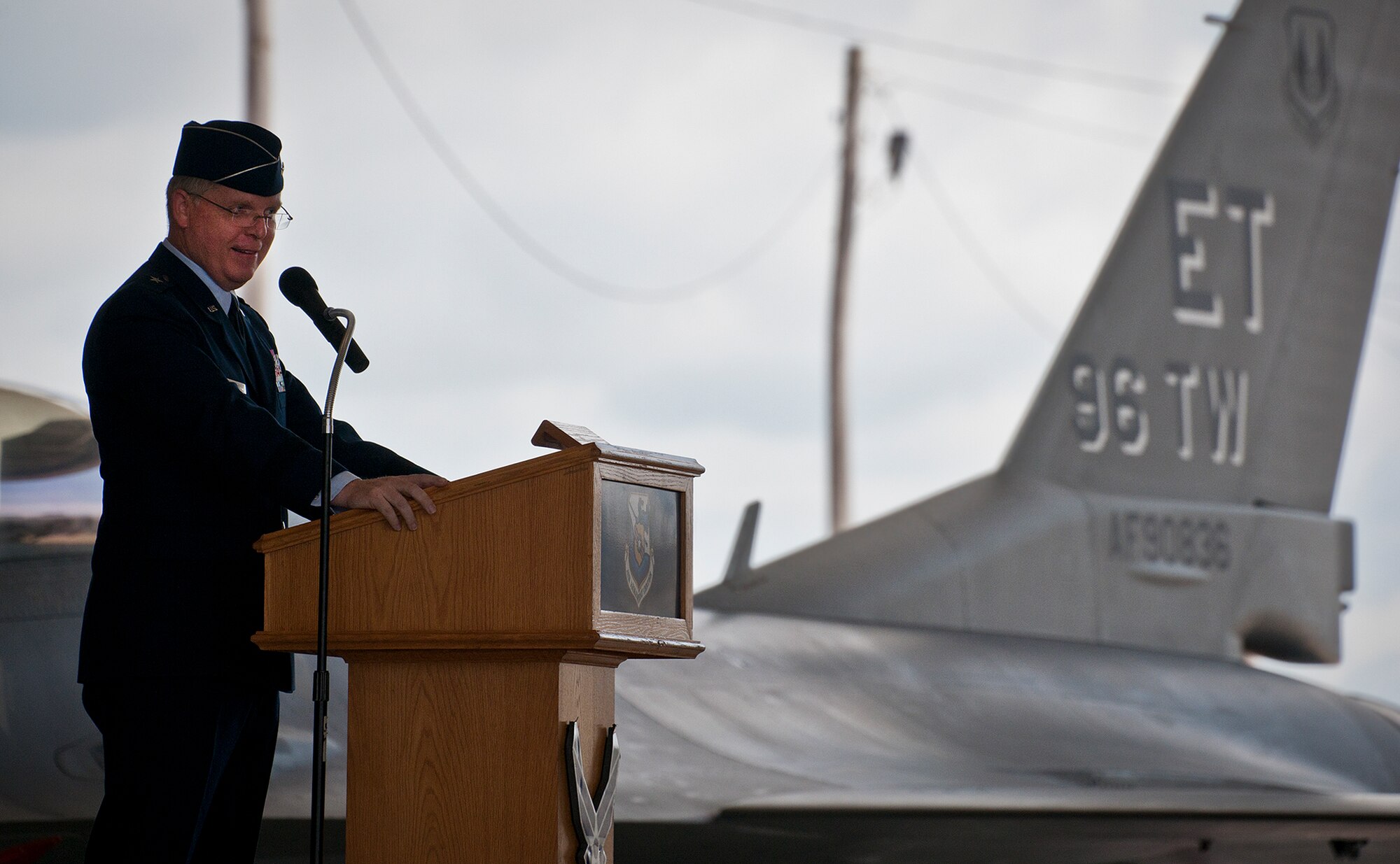 Brig. Gen. David Harris, the 96th Test Wing commander, addresses his new wing at the base’s transition ceremony July 18 at Eglin Air Force Base, Fla. The official activation of the 96th Test Wing combined the 96th Air Base Wing and 46th Test Wing. (U.S. Air Force photo/Samuel King Jr.)