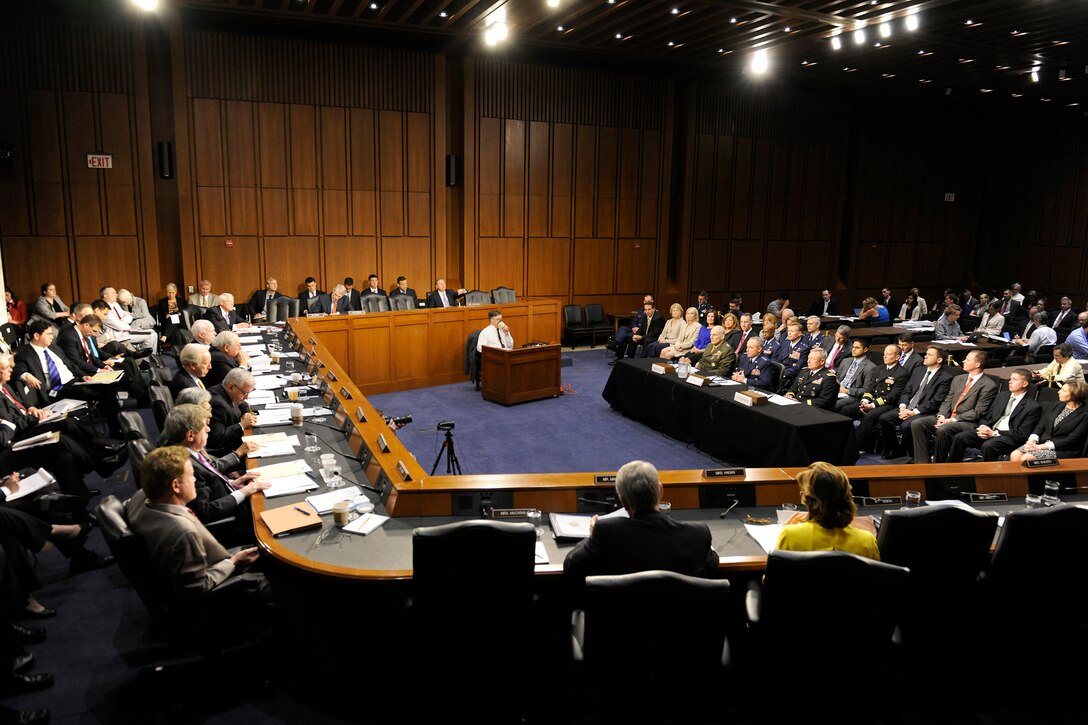 Gen. Mark A. Welsh III, the commander of U.S. Air Forces in Europe, testifies before the Senate Armed Services Committee in Washington, D.C., on July 19, 2012, as part of the confirmation process to serve as the 20th Air Force Chief of Staff.  If confirmed, Welsh will replace Gen. Norton Schwartz, who retires Aug. 10.  Additional witnesses before the committee were Lt. Gen. John F. Kelly, U.S. Marine Corps, who is nominated to the rank of general and to take command of U.S. Southern Command, and Lt. Gen. Frank Grass, Army National Guard, also nominated for the rank of general and for appointment as the Chief of the National Guard Bureau. (U.S. Air Force photo/Scott M. Ash)