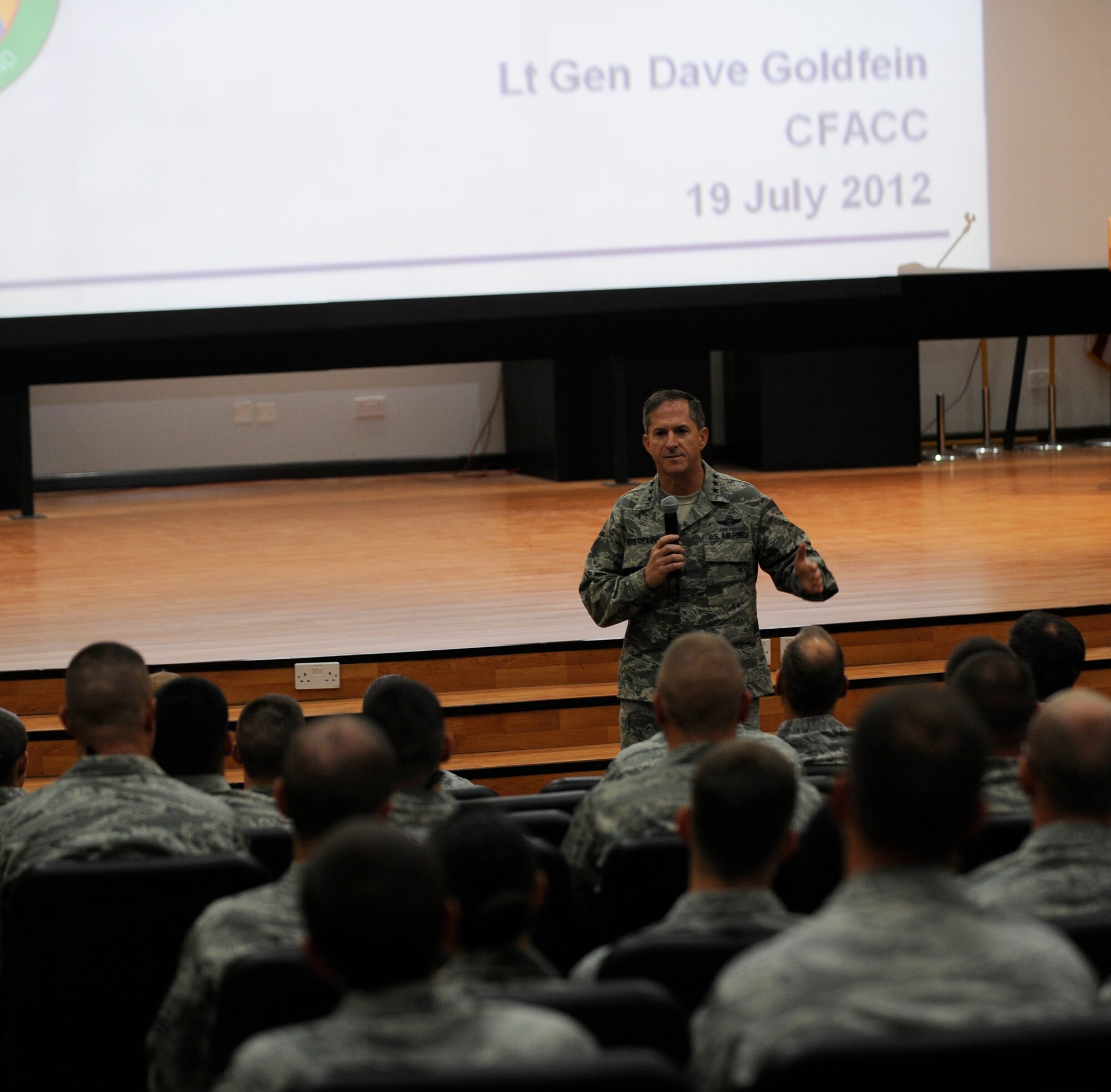 SOUTHWEST ASIA - Lt. Gen. David Goldfein, U.S. Air Forces Central commander speaks to the 386th Expeditionary Maintenance Group about maintenance discipline here July 19. Goldfein visited several organizations at the 386th during his visit. (U.S. Air Force photo/Staff Sgt. Alexandra M. Boutte)