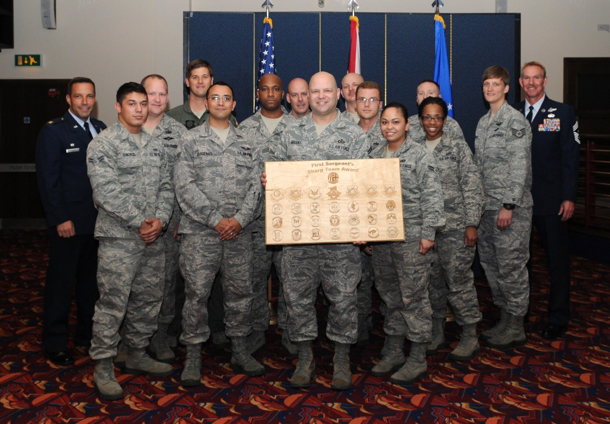RAF MILDENHALL, England – The 352nd Special Operations Support Squadron Current Operations section won the First Sergeant’s Sharp Team Award at the Team Mildenhall Quarterly Award Ceremony, July 20, 2012. The quarterly awards ceremony recognizes Team Mildenhall’s outstanding groups and individuals. (U.S. Air Force photo/Senior Airman Rachel Waller)