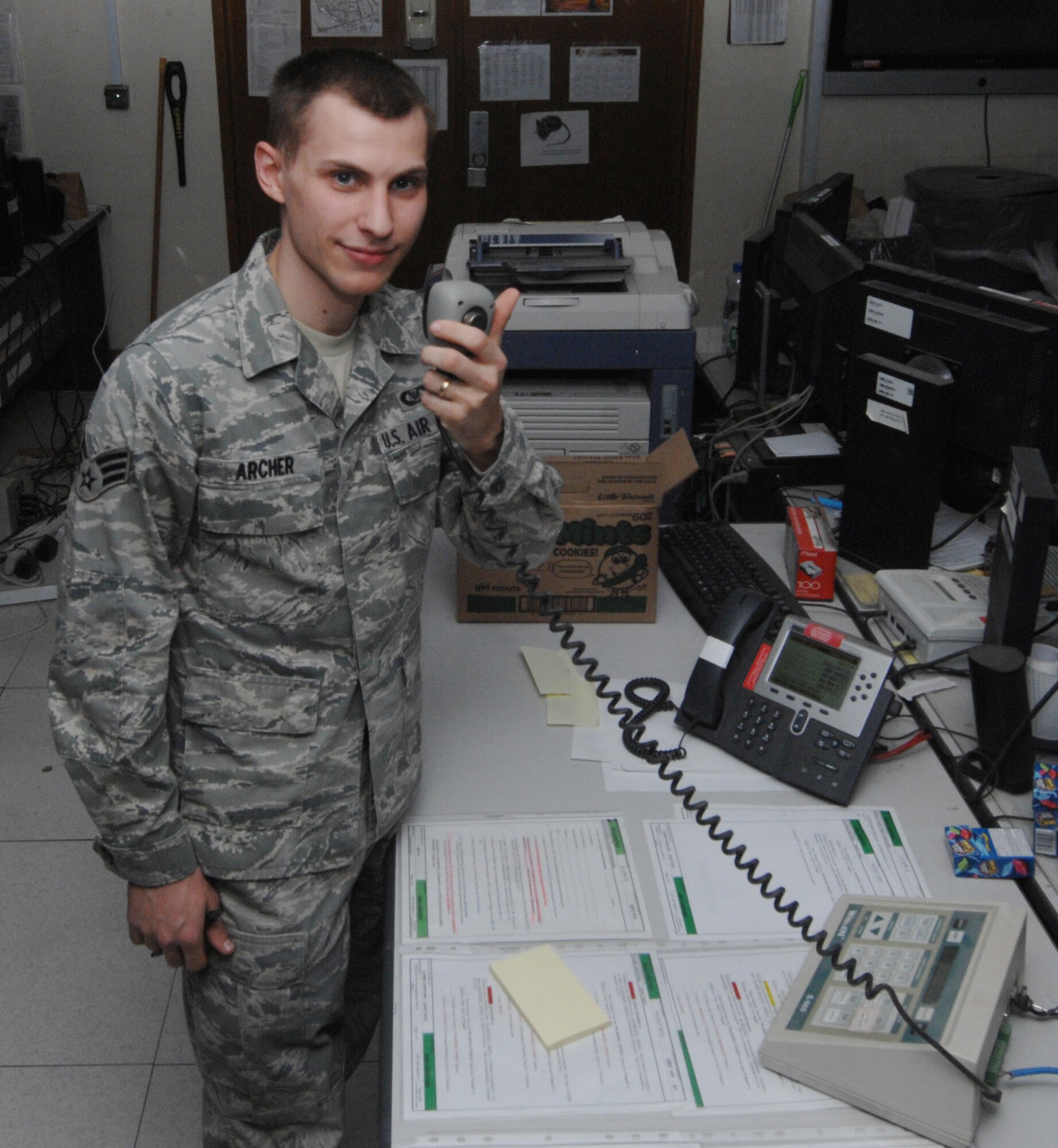 SOUTHWEST ASIA – Senior Airman Aaron Archer, 386th Air Expeditionary Wing command post controller, is the 386th AEW Rock Solid Warrior. Archer is known for being the Giant Voice. The Giant Voice is used for mass notifications procedures to alert “The Rock” residents of any impending dangers such as alarm conditions and wing recalls. (U.S. Air Force photo/Staff Sgt. Alexandra M. Boutte)