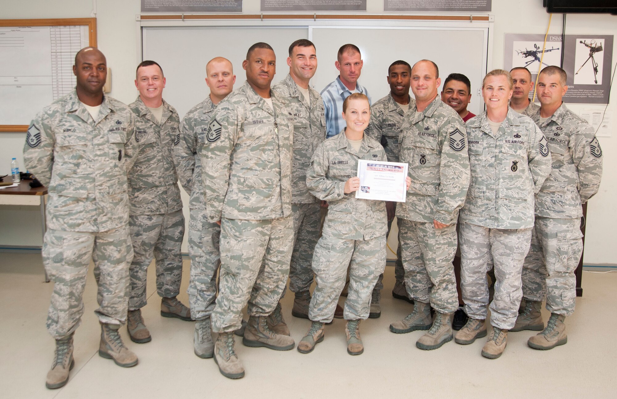 Airman 1st Class Tiffany La Trielle receives the Unsung Hero Award from the Incirlik Top 3 organization July 20, 2012 at Incirlik Air Base, Turkey. The Top 3 presents the Unsung Hero Award monthly to an Airman who demonstrates superior job performance and exceptional leadership. (U.S. Air Force photo by Senior Airman Clayton Lenhardt/Released)