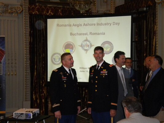BUCHAREST, Romania — Col. Winfield Keller (left), Global Deployments project manager, and Col. D. Peter Helmlinger, U.S. Army Corps of Engineers Europe District commander, attended the Romania Industry Day here, June 13, 2012.
The objectives of these industry days were to provide information on the general scope of work, the required infrastructures and facilities, and potential construction and services opportunities to support a planned U.S. missile defense asset deployment in Deveselu, Romania. 