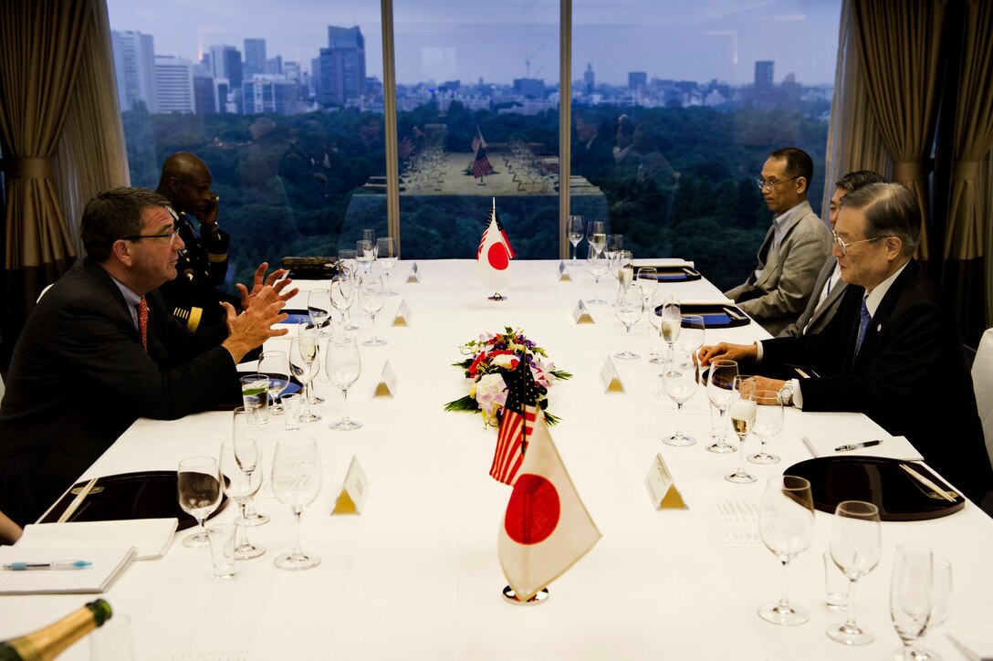 U.S. Deputy Defense Secretary Ashton B. Carter meets with Japanese Defense Minister Satoshi Morimoto in Tokyo, July 20, 2012. 