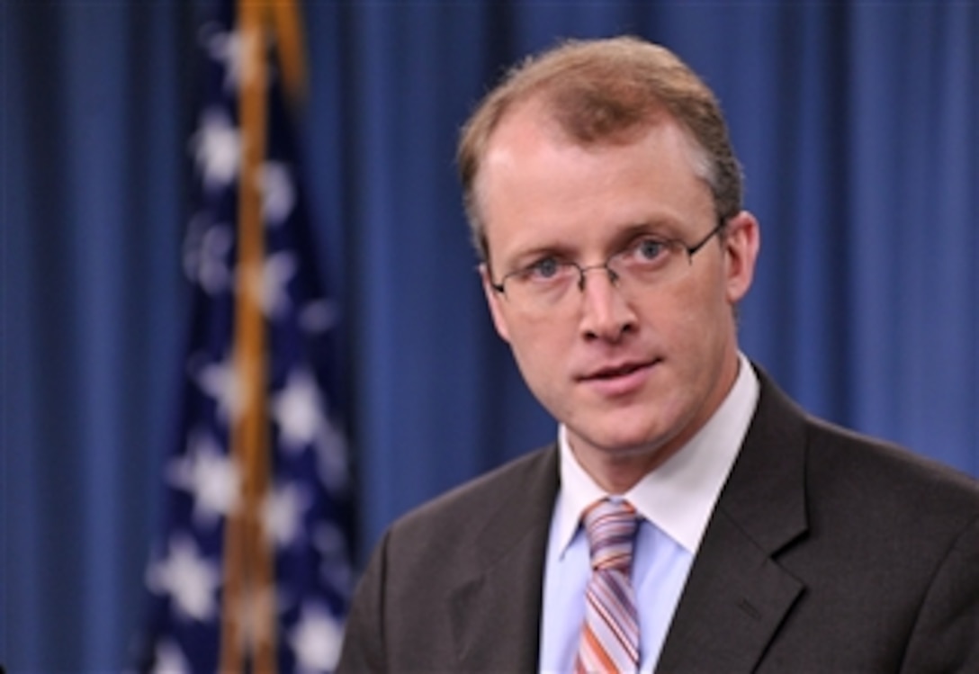 Pentagon Press Secretary George E. Little talks to the news media in the Pentagon Press Briefing Room on July 19, 2012.  Little fielded a number of questions ranging from the deteriorating crisis in Syria to the impending possibility of sequestration.  