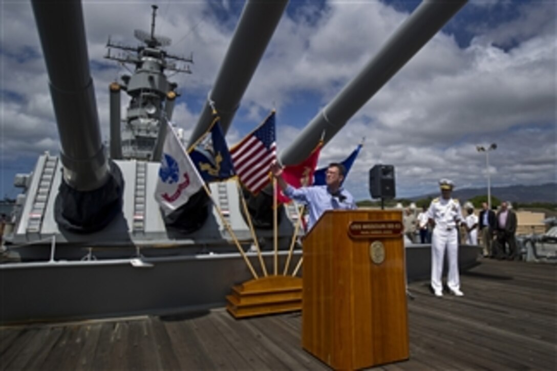 Deputy Secretary of Defense Ashton B. Carter talks to U.S. Pacific Command personnel aboard the USS Missouri (BB 63) Memorial in Honolulu, Hawaii, on July 18, 2012.   Carter visited with Pacific Command personnel to thank them for their service during a critical transition of U.S. Forces in the Asia-Pacific region.  Carter is in the first stage of a 10-day trip to the Asia-Pacific region with stops in Guam, Japan, Thailand, India and South Korea.  