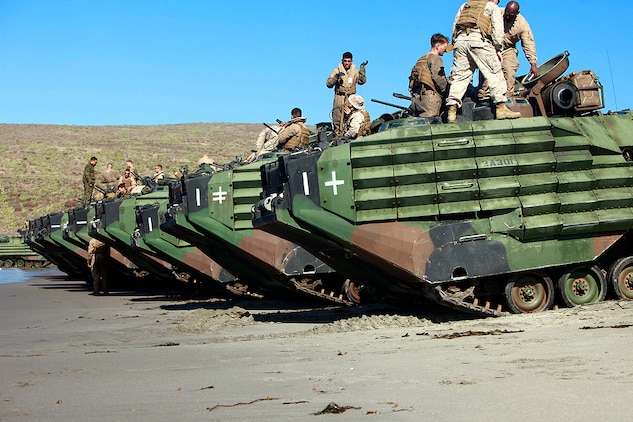 Assault Amphibious Vehicle Platoon prepares for their training off San Clemente Island, July 20. The AAV platoon practiced water gunnery, an advanced level of AAV gunnery, in preparation for the 15th Marine Expeditionary Unit’s upcoming deployment. The training was part of Composite Training Unit Exercise, the second at-sea period the 15th MEU and Peleliu Amphibious Ready Group have conducted since the MEU formed a Marine Air Ground Task Force in February. The training will prepare the two units to function as a blue-green team, capable of conducting a wide-variety of worldwide missions ranging from humanitarian aid to combat.