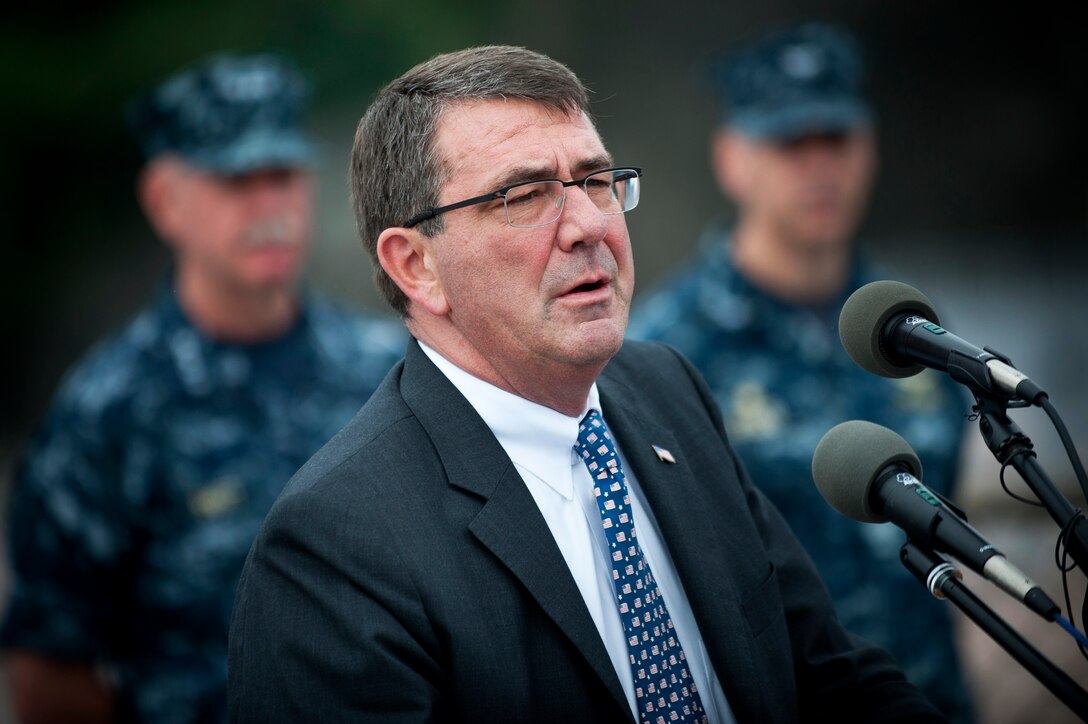 U.S. Deputy Defense Secretary Ashton B. Carter addresses officers and crew members of the USS Blue Ridge in Yokosuka, Japan, July 21, 2012.