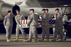 A U.S. Army carry team transfers the remains of Pfc. Jeffrey L. Rice, of Troy, Ohio, at Dover Air Force Base, Del., July 22, 2012. Rice was assigned to the 20th Engineer Battalion, 36th Engineer Brigade, Fort Hood, Texas. (U.S. Air Force photo/Roland Balik)
