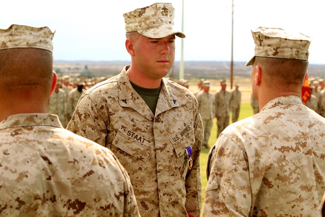 Seven Marines with 3rd Battalion, 7th Marine Regiment, were recognized for their actions in Afghanistan during the battalion’s recent deployment during Operation Enduring Freedom in a ceremony at Del Valle Field July 13.