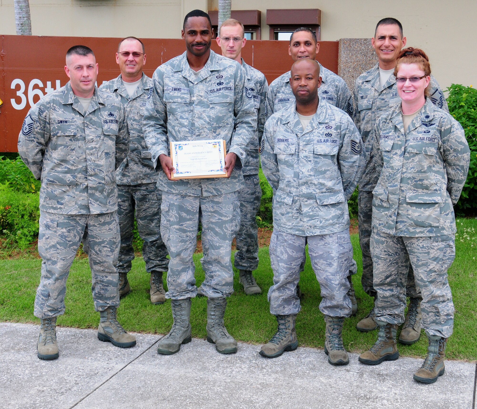 ANDERSEN AIR FORCE BASE, Guam—Staff Sgt. Michael Evans, 36th Wing ground safety apprentice, was awarded Team Andersen’s Best July 19. Team Andersen's Best is a recognition program which highlights a top performer from the 36th Wing. Each week, supervisors nominate a member of their team for outstanding performance and the wing commander presents the selected Airman/civilian with an award. To nominate your Airman/civilian for Andersen's Best, contact your unit chief or superintendent explaining their accomplishments. (U.S. Air Force photo by Senior Airman Benjamin Wiseman/Released)