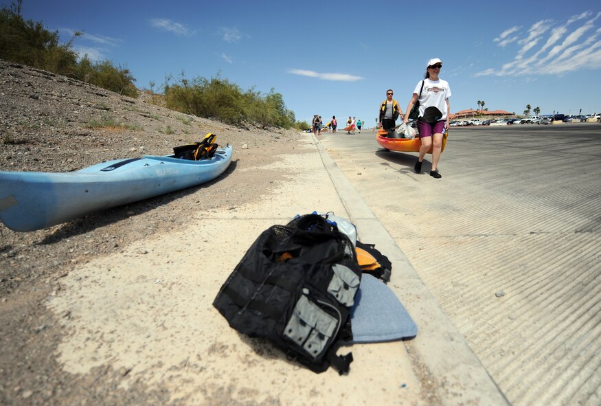 Red Flag 12-4 participants deployed to Nellis Air Force Base, Nev., enjoyed a day of kayaking at nearby Lake Mead National Recreation Area July 21, 2012.  The trip was organized by U.S. Air Force Chaplain (Lt. Col.) Stephen Voyt, 23d Wing chaplain from Moody Air Force Base, Ga., and hosted by the Nellis Outdoor Adventures staff.  A total of 16 service members took to the water and paddled nearly 10 miles in search of fun in the sun. (U.S. Air Force photo by Master Sgt. Sonny Cohrs/Released)