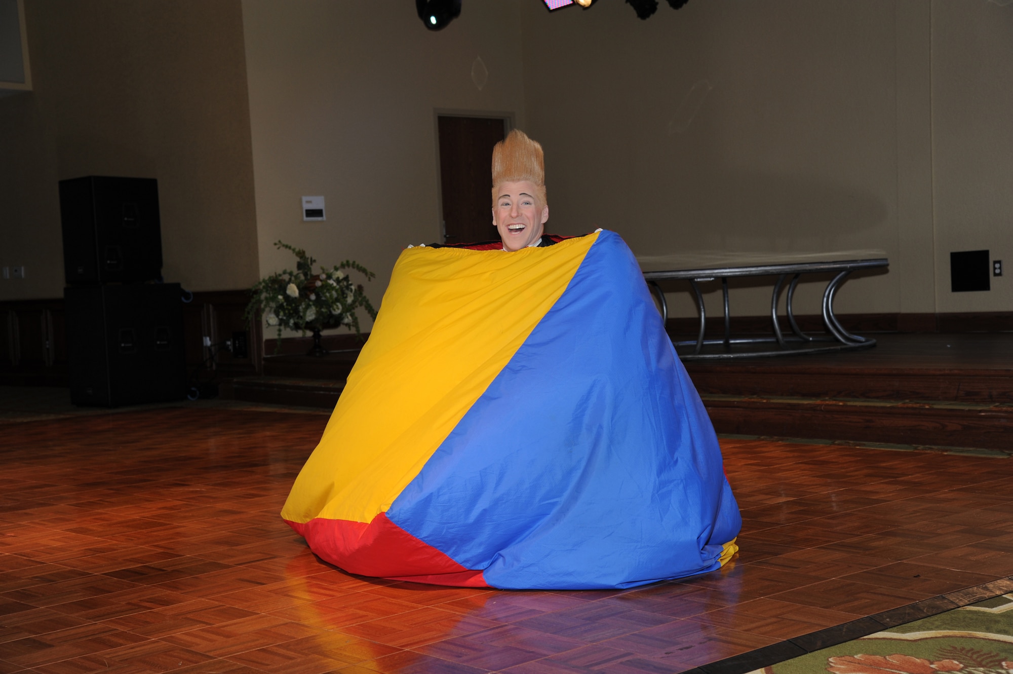Bello Nock, comedic daredevil and international circus star for Fata Morgana, leads a military appreciation show for Keesler families July 21, 2012, at the Bay Breeze Event Center, Keesler Air Force Base, Miss.  Fata Morgana, an Italian phrase meaning optical illusion, featured a small number of various acts throughout the show.  (U.S. Air Force photo by Kemberly Groue)