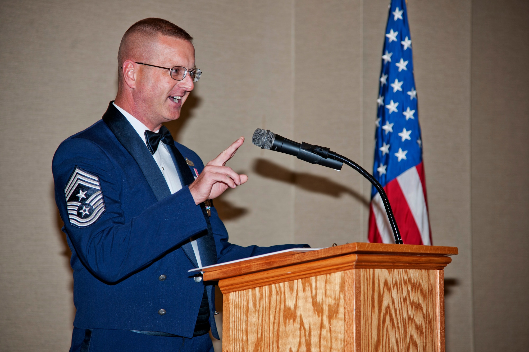 U.S. Air Force Chief Master Sgt. Michael Goetz, 93d Air Ground Operations Wing command chief, speaks during a SNCO induction ceremony July 20, 2012, at Moody Air Force Base, Ga. Goetz congratulated the inductees on achieving the rank of master sergeant and informed them of the responsibilities required by them as SNCOs. (Airman 1st Class Paul Francis/Released)