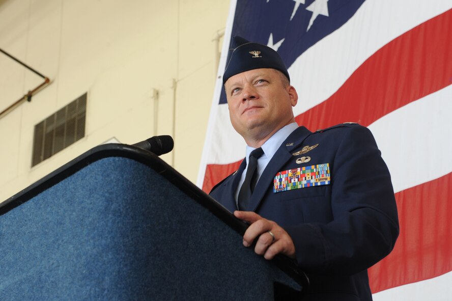 U.S. Air Force Col. Samuel Milam, 93d Air Ground Operations Wing commander, speaks at the change of command ceremony at Moody Air Force Base, Ga., July 20, 2012. The 93d AGOW is a tenant unit of the 23d Wing comprised of three groups, 17 squadrons and 10 detachments located across United States. (U.S. Air Force photo by Staff Sgt. Ciara Wymbs/Released)  