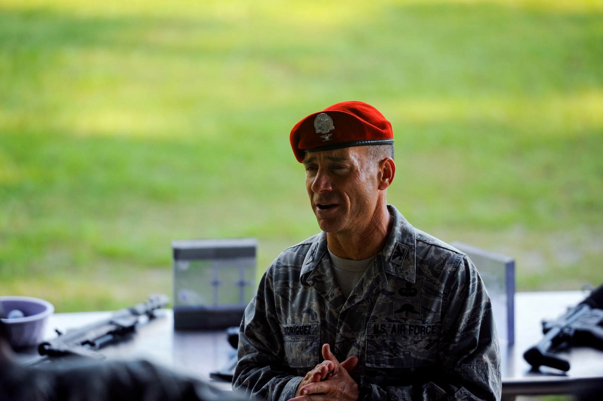 Col. (ret.) Ken Rodriguez addresses his cadets before a course in dynamics in terrorism, July 17, 2012 at Hurlburt Field, Fla. From July 16-20, more than 40 cadets from Pensacola Air Force Junior ROTC visited base for their Summer Leadership School -- a course designed to teach cadets leadership, confidence and other traits. (U.S. Air Force photo by Staff Sgt. David Salanitri/ Released)