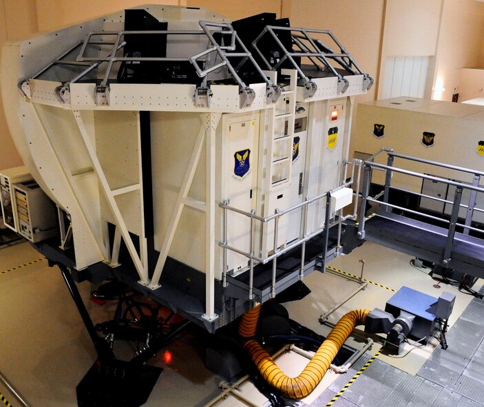 The B-52H Stratofortress simulator plays a major role in the mission on Barksdale Air Force Base, La. The hydraulic system provides a realistic motion by allowing air crew the opportunity to experience the real-life realm of flying the B-52 during training. (U.S. Air Force photo/Senior Airman La'Shanette V. Garrett)(RELEASED)