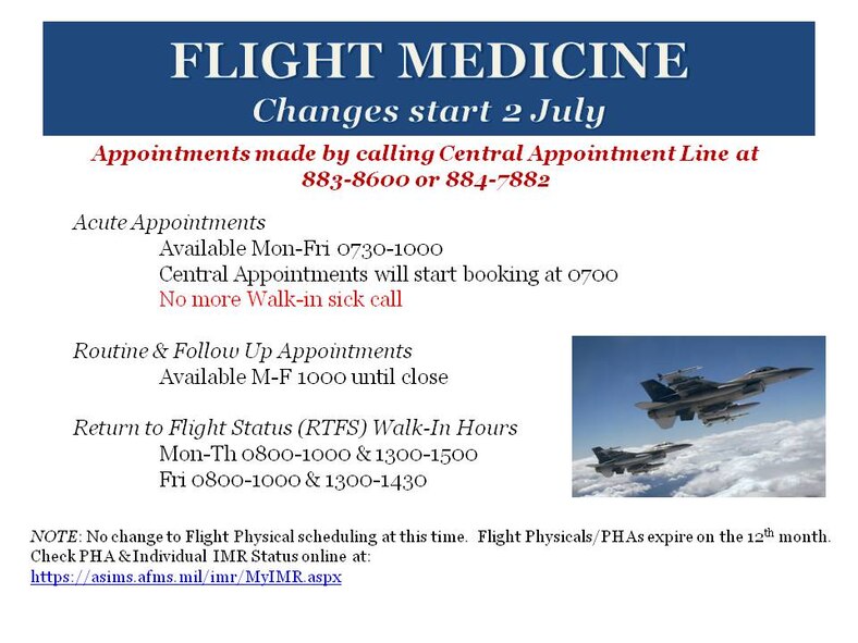 The 1st Special Operations Aerospace Medicine Squadron Flight Medicine section recently changed their hours at the 1st Special Operations Medical Group at Hurlburt Field, Fla., July 2, 2012. 1st SOAMDS leadership said the change was made to better accommodate the needs of Air Commandos. (Courtesy graphic)
