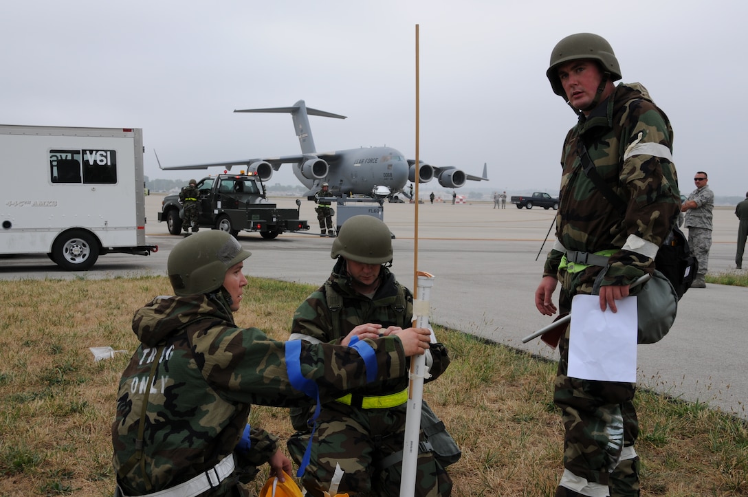 WRIGHT-PATTERSON AIR FORCE BASE, Ohio - Reservists assigned to the 445th Maintenance and Aircraft Maintenance Squadrons conducted Ability to Survive and Operate (ATSO) exercise July 14. The exercise tested the response of Airmen to chemical and conventional attacks that might occur in an overseas theater of operations. (U.S. Air Force photo/Tech. Sgt. Anthony Springer)